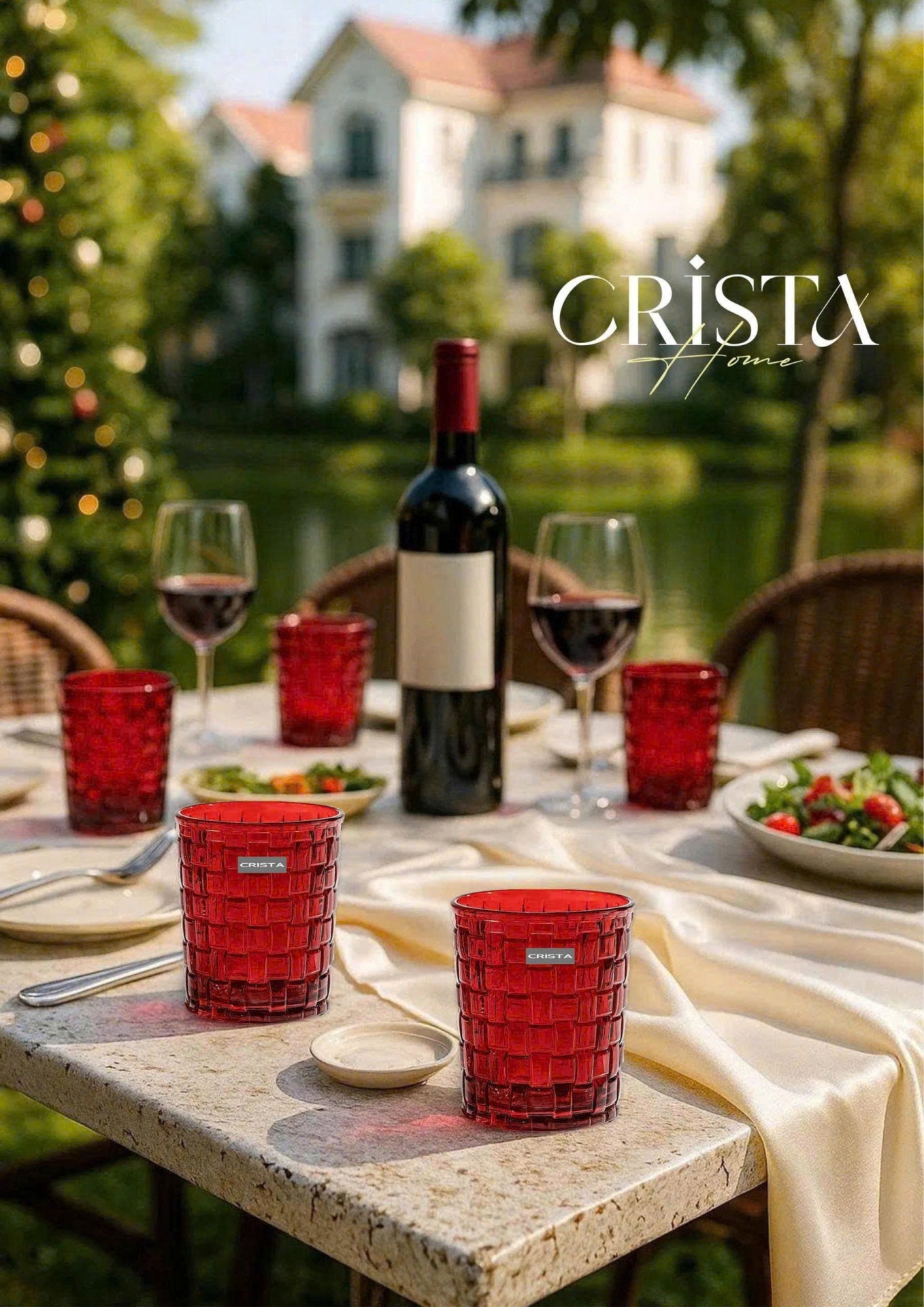 SET OF 6 CHECKERED GLASS TUMBLERS – RUBY RED