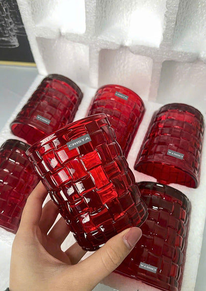 SET OF 6 CHECKERED GLASS TUMBLERS – RUBY RED