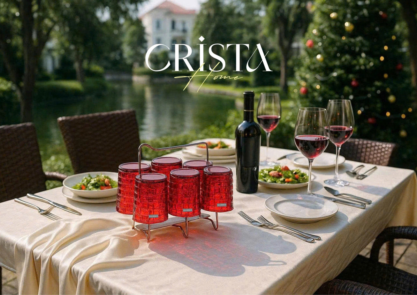 SET OF 6 CHECKERED GLASS TUMBLERS – RUBY RED