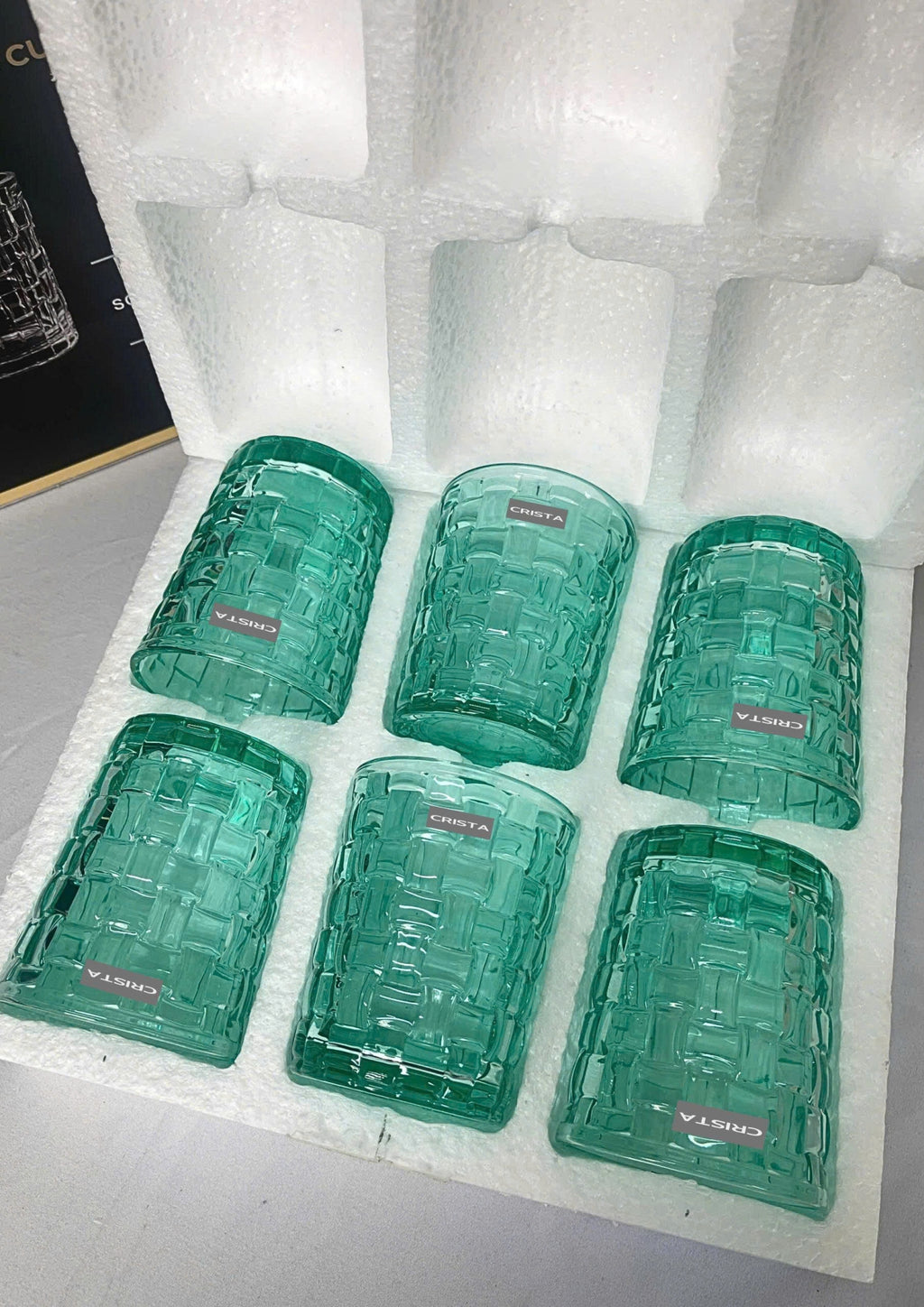 SET OF 6 CHECKERED GLASS TUMBLERS – EMERALD GREEN