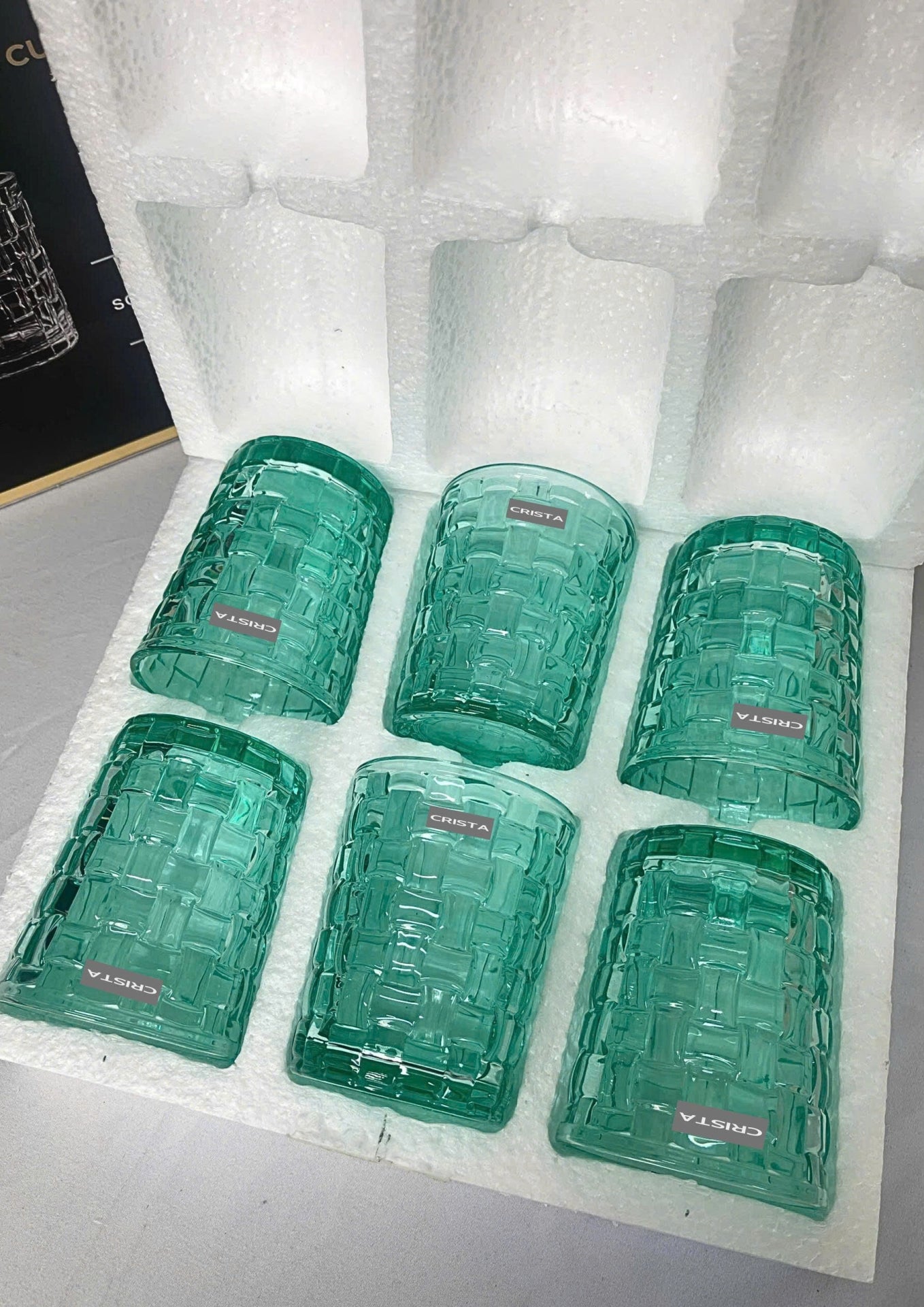 SET OF 6 CHECKERED GLASS TUMBLERS – EMERALD GREEN