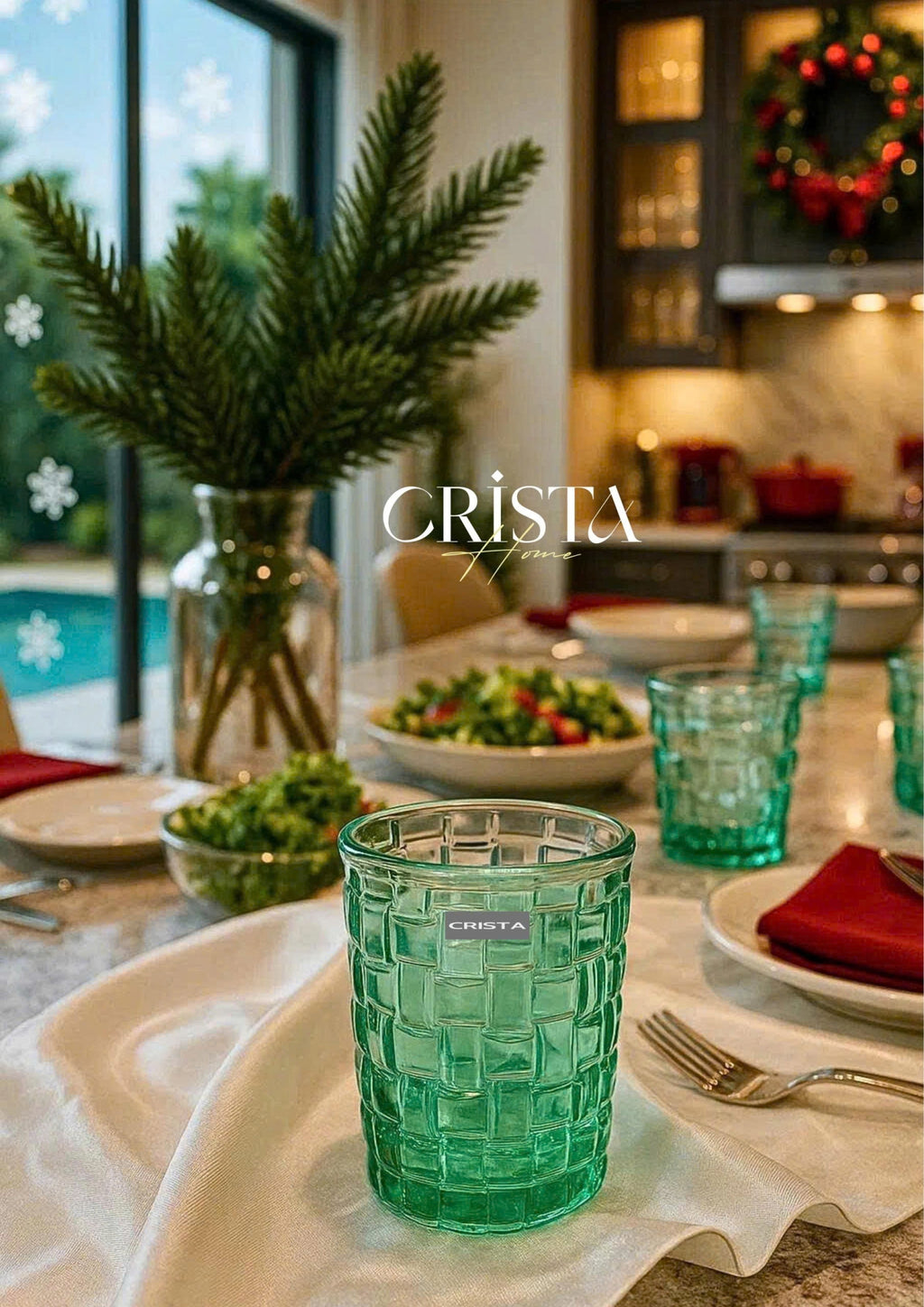 SET OF 6 CHECKERED GLASS TUMBLERS – EMERALD GREEN