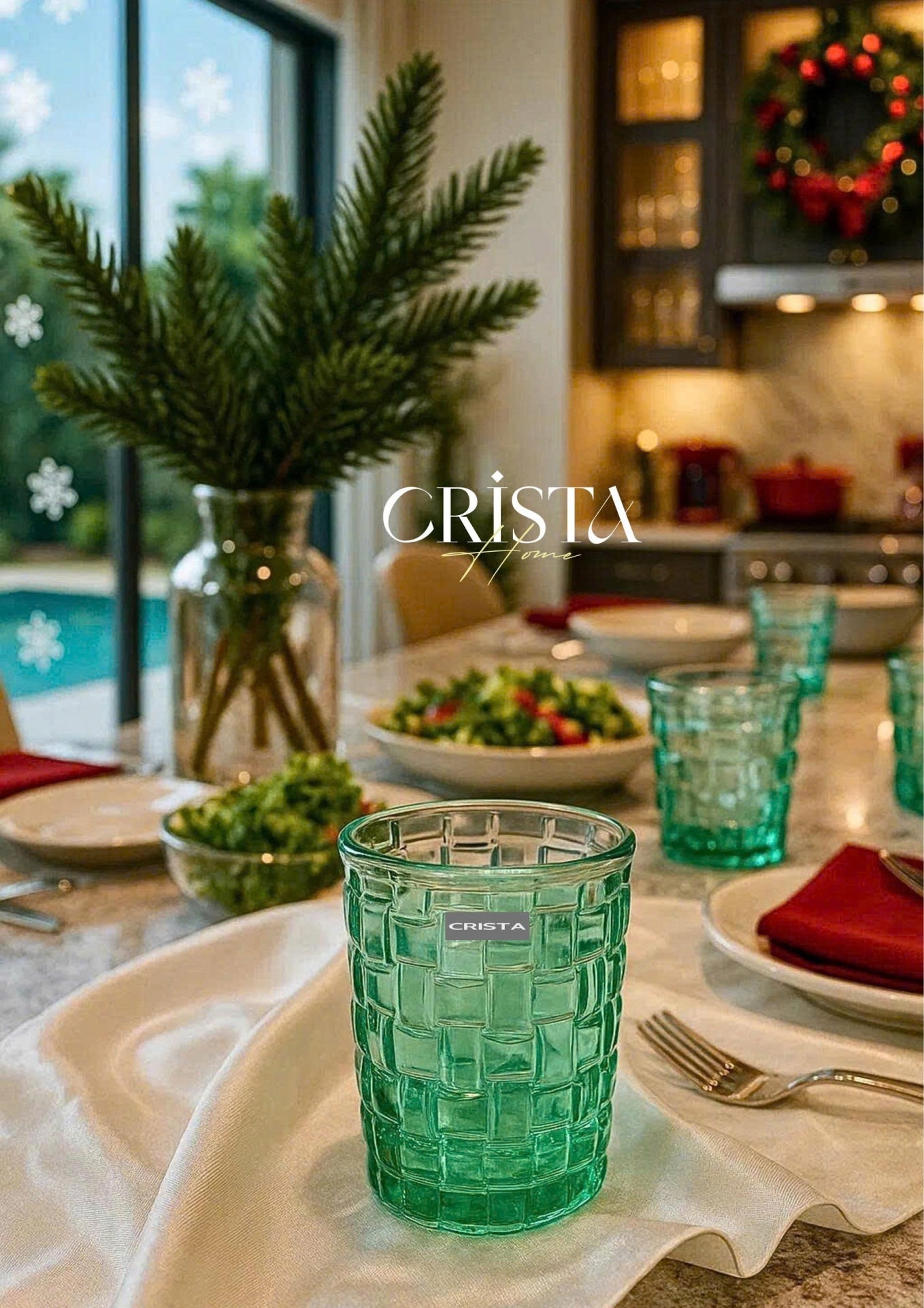 SET OF 6 CHECKERED GLASS TUMBLERS – EMERALD GREEN