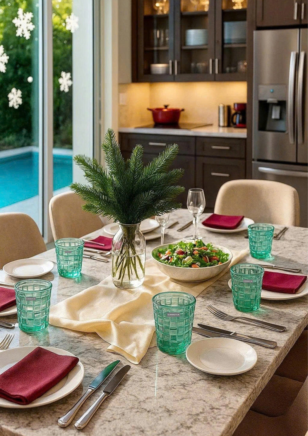 SET OF 6 CHECKERED GLASS TUMBLERS – EMERALD GREEN