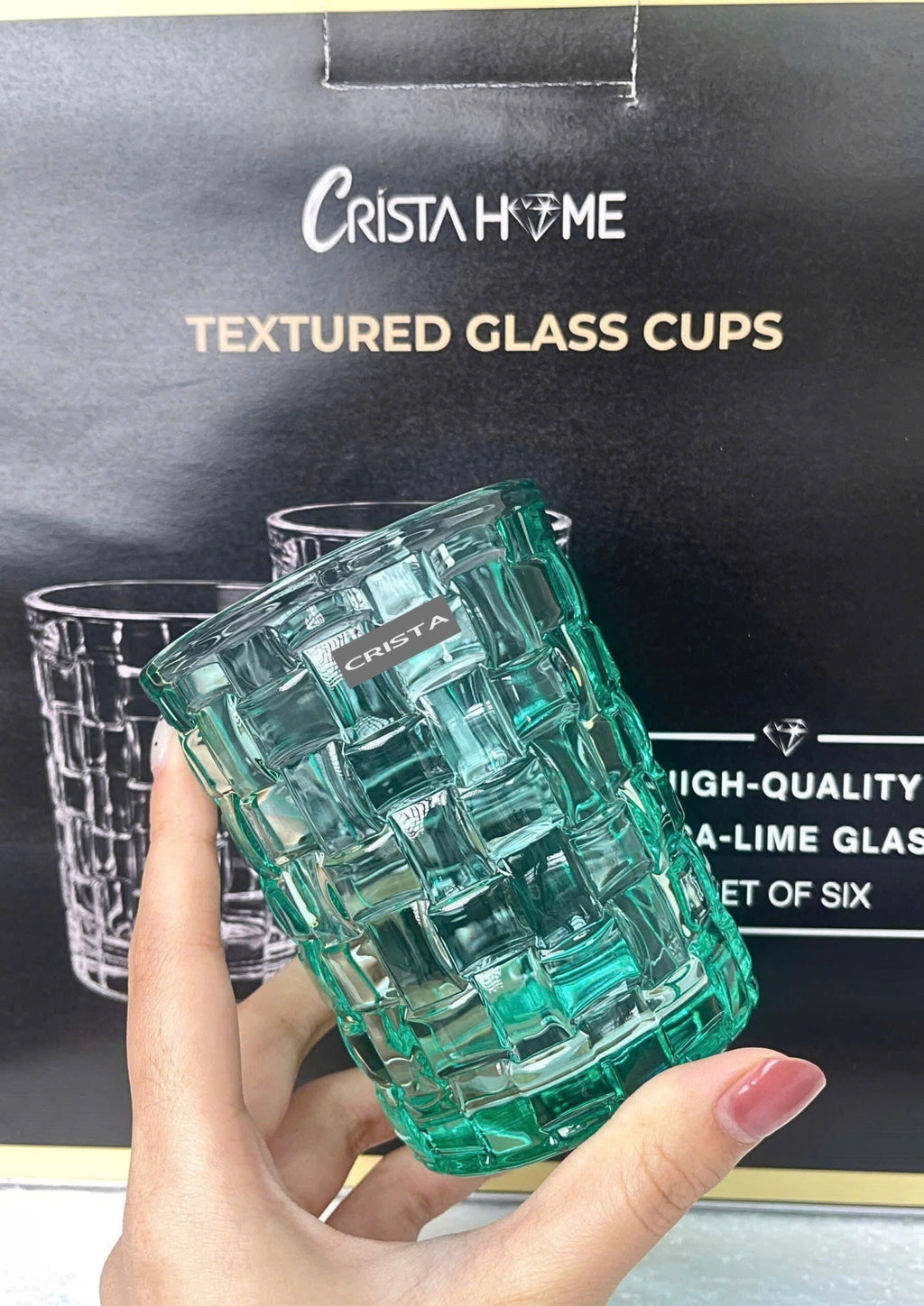 SET OF 6 CHECKERED GLASS TUMBLERS – EMERALD GREEN