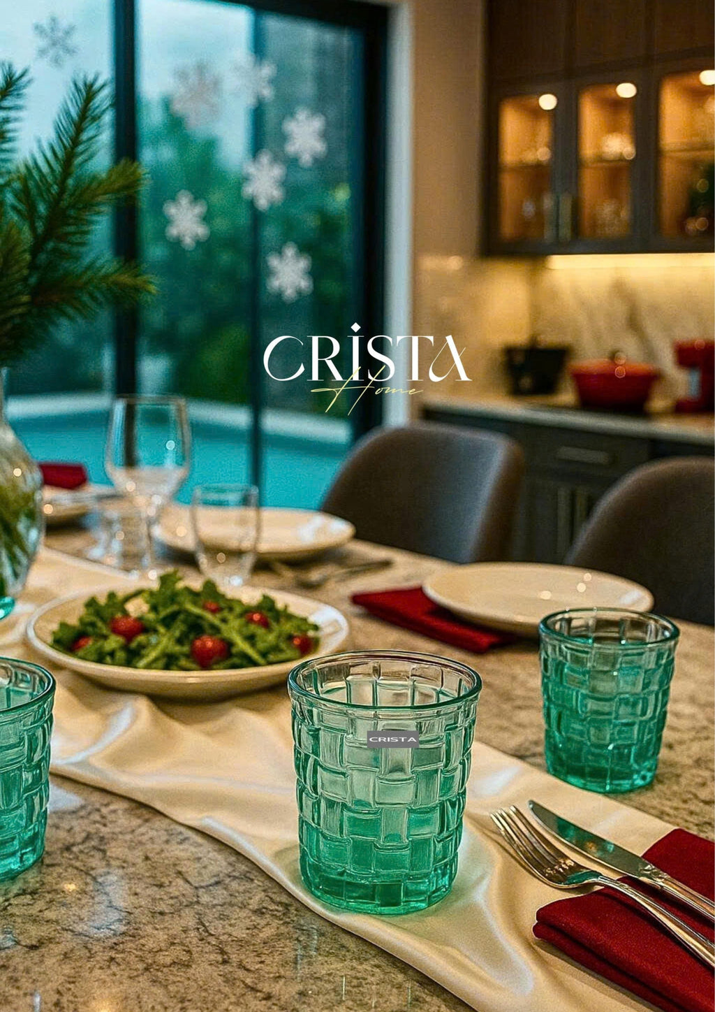 SET OF 6 CHECKERED GLASS TUMBLERS – EMERALD GREEN