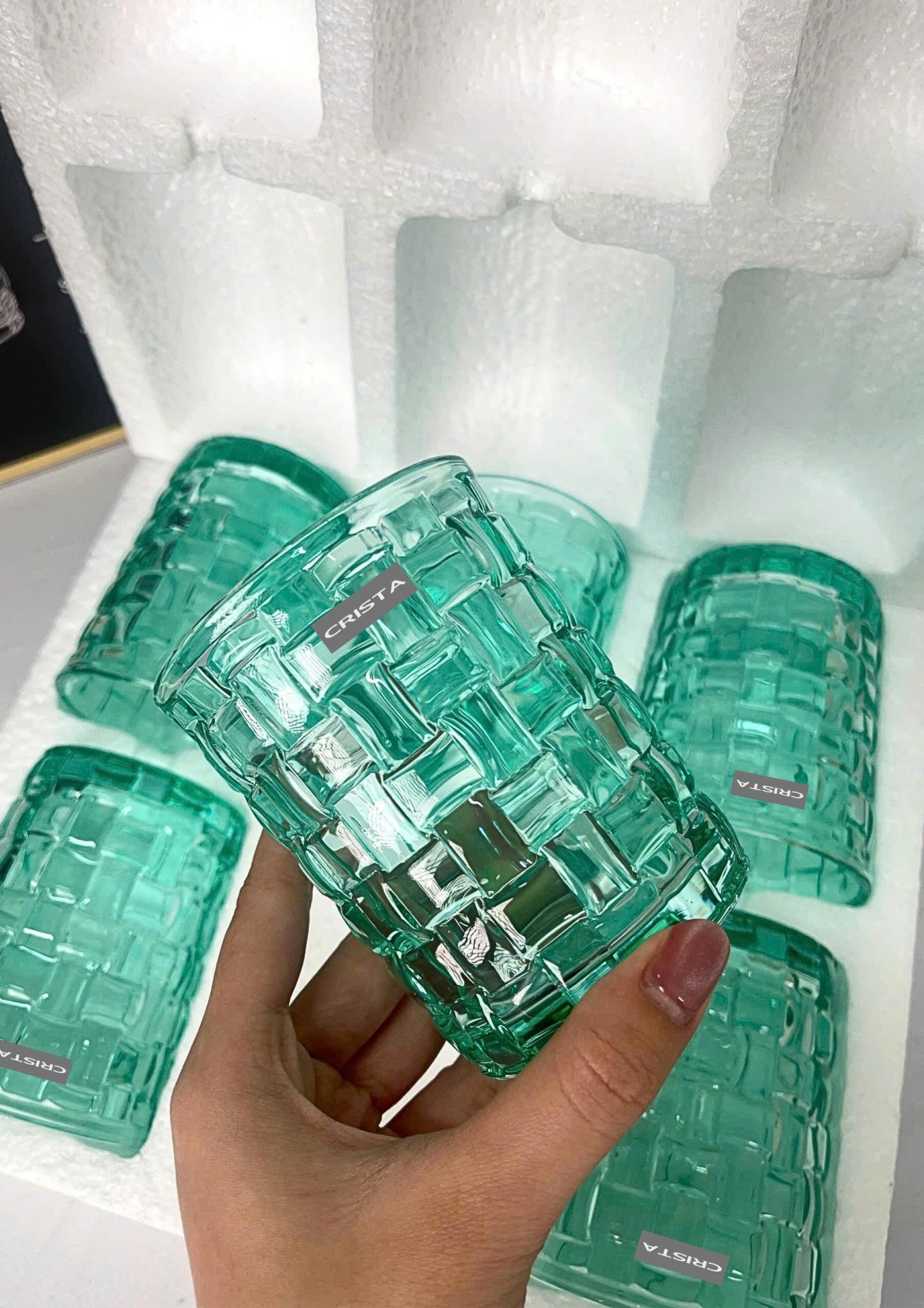 SET OF 6 CHECKERED GLASS TUMBLERS – EMERALD GREEN