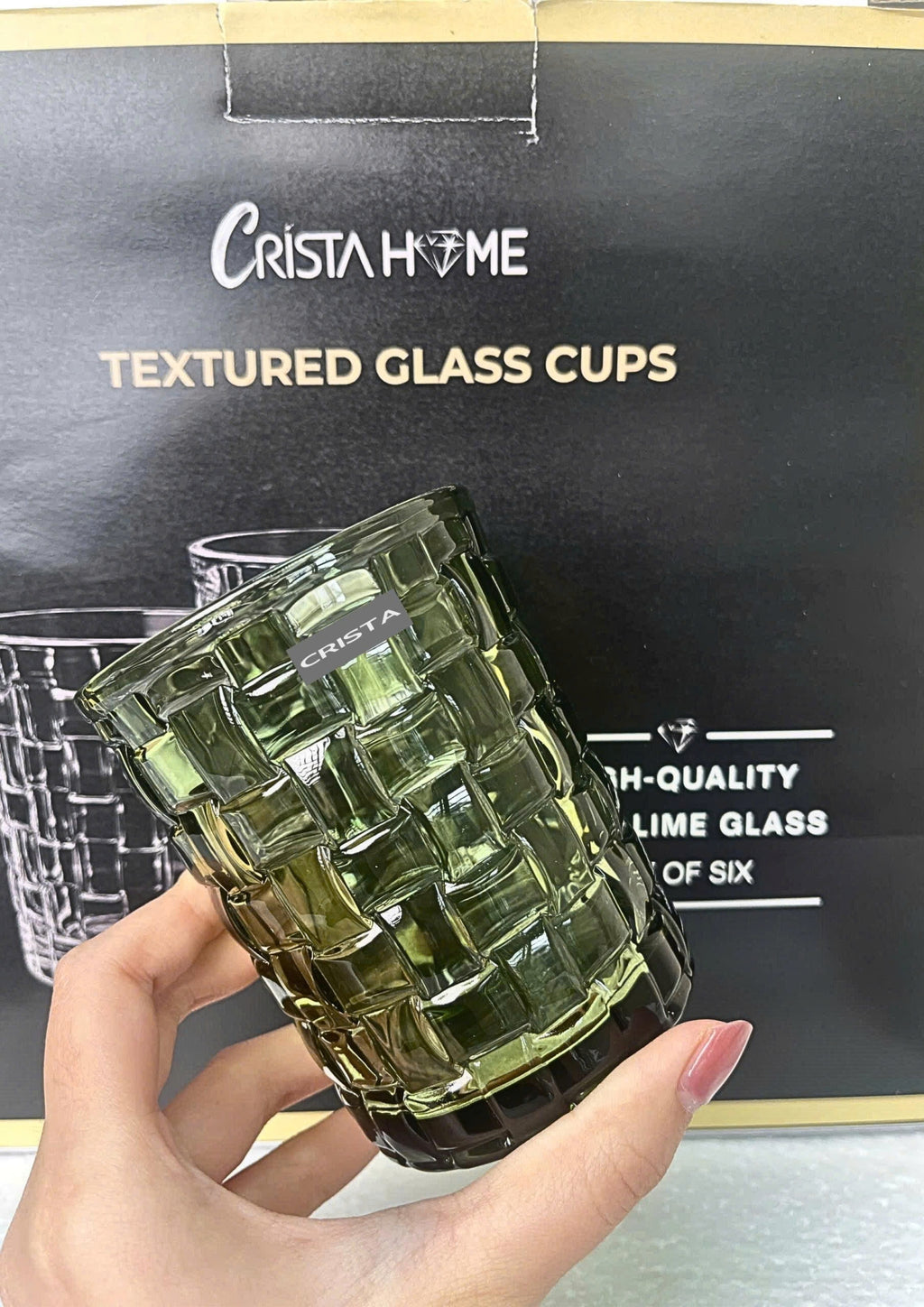 SET OF 6 CHECKERED GLASS TUMBLERS – GREEN