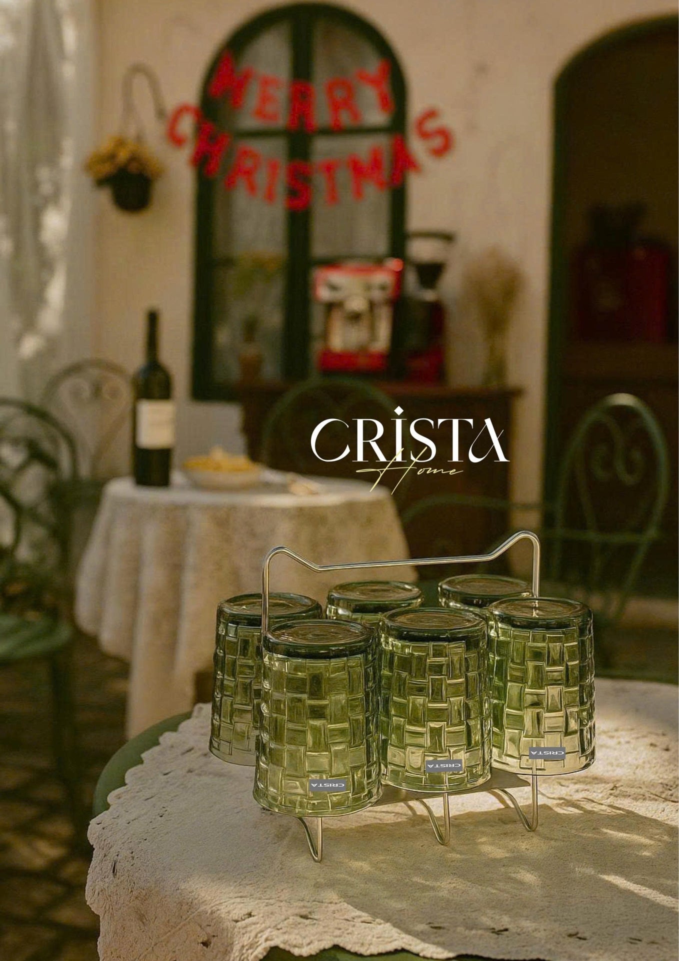 SET OF 6 CHECKERED GLASS TUMBLERS – GREEN