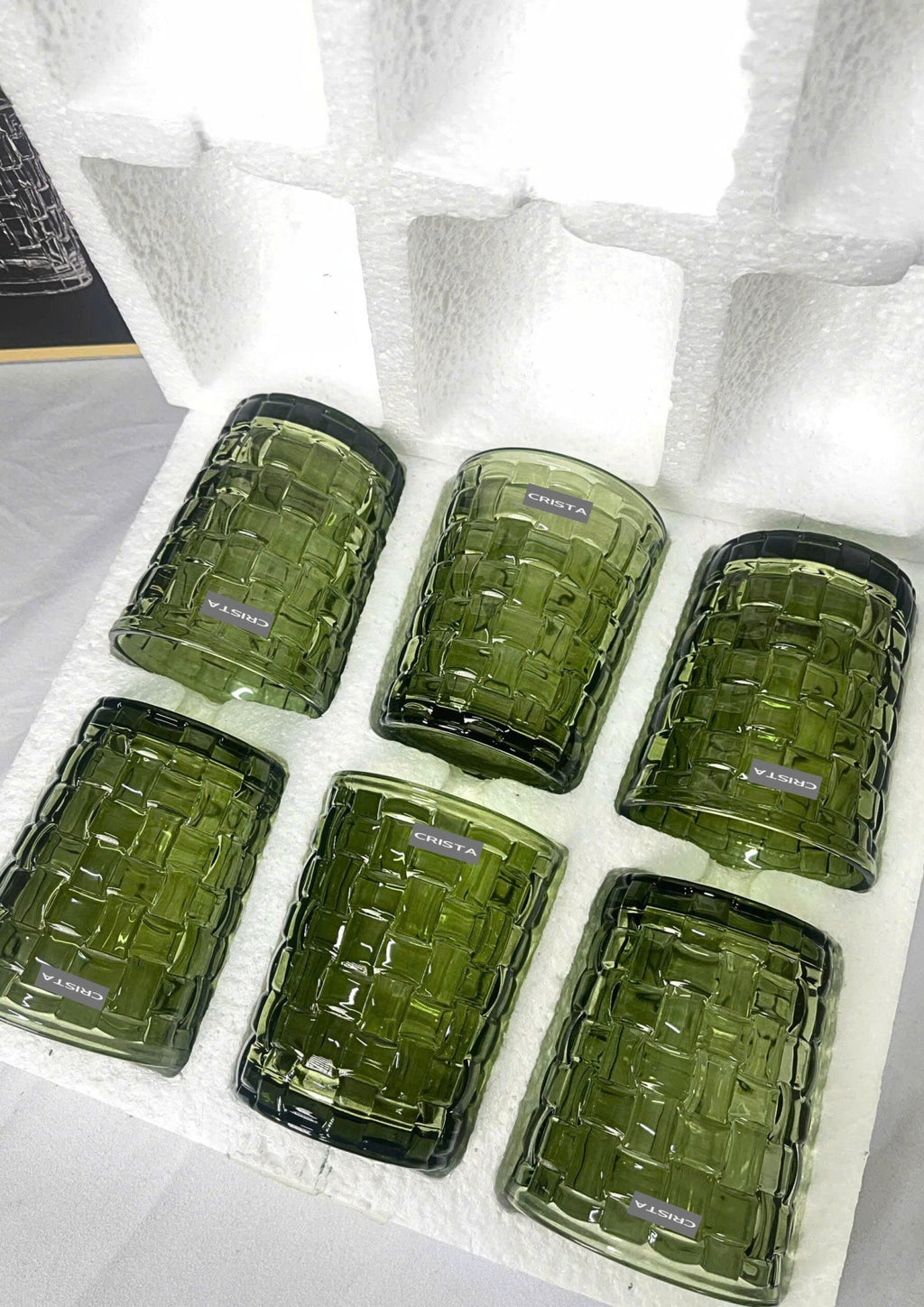 SET OF 6 CHECKERED GLASS TUMBLERS – GREEN