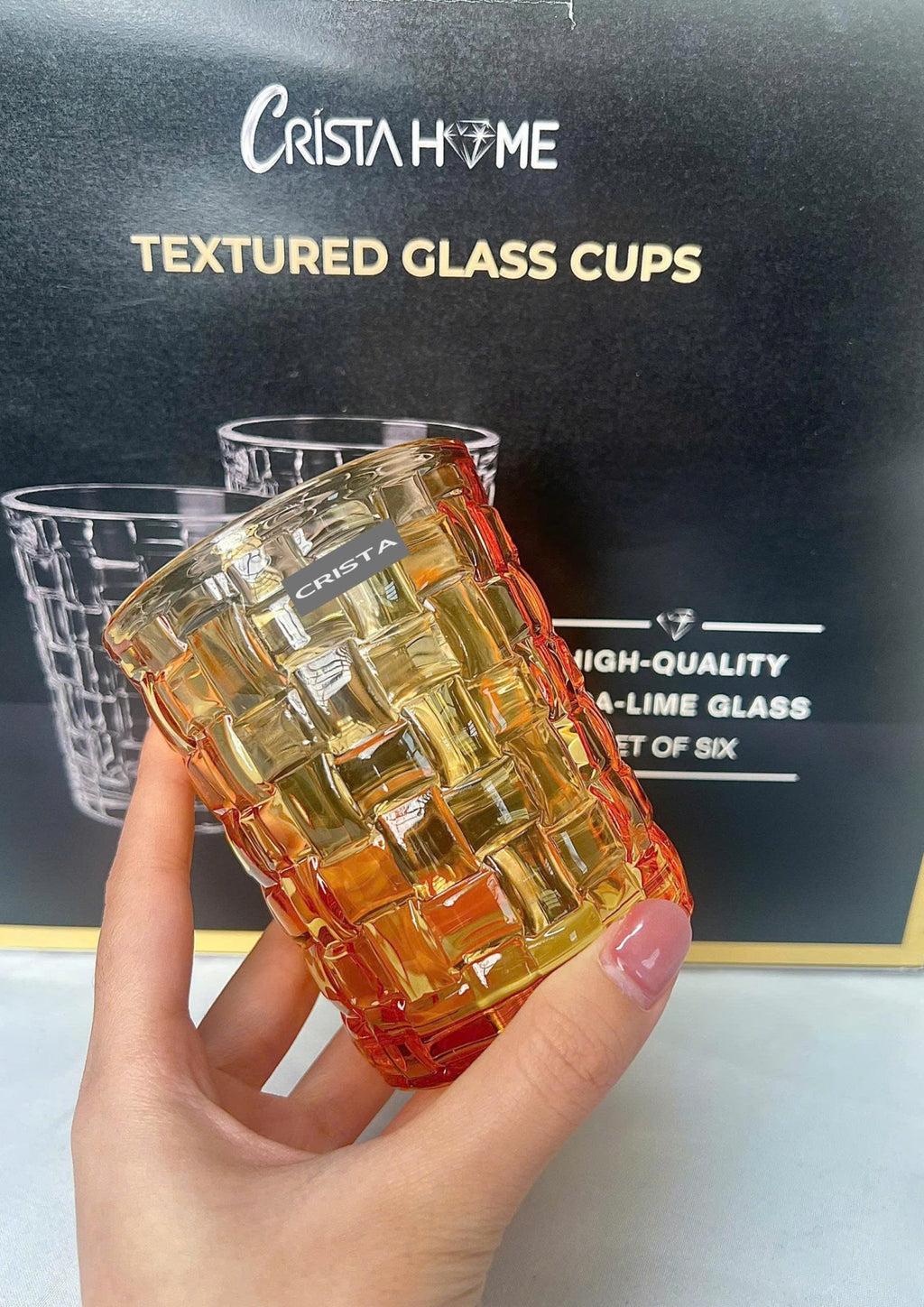 SET OF 6 CHECKERED GLASS TUMBLERS – GOLD