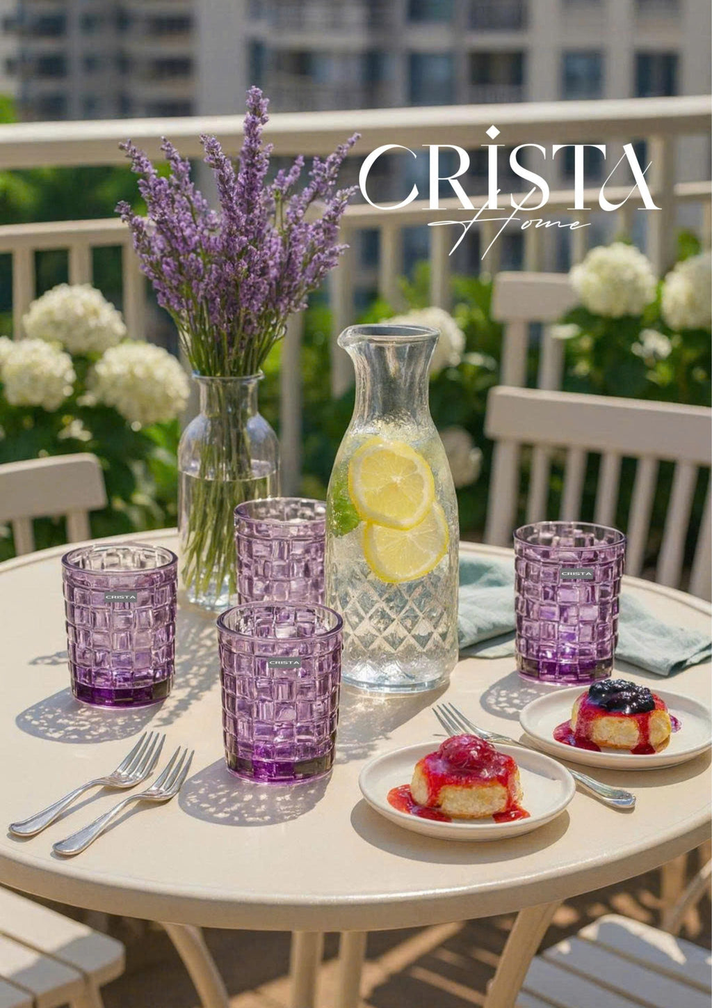 SET OF 6 CHECKERED GLASS TUMBLERS – PURPLE