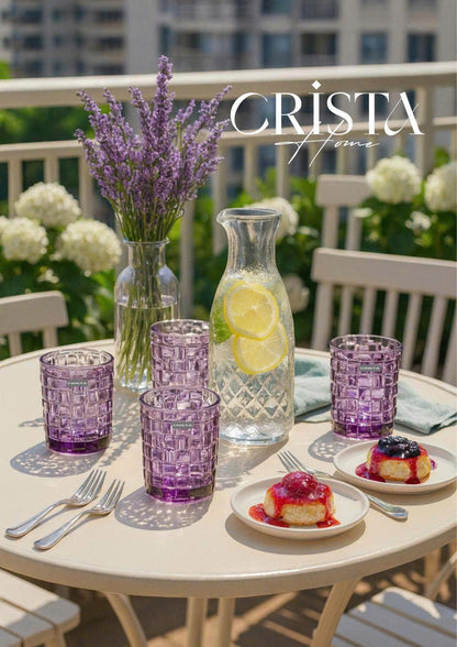 SET OF 6 CHECKERED GLASS TUMBLERS – PURPLE