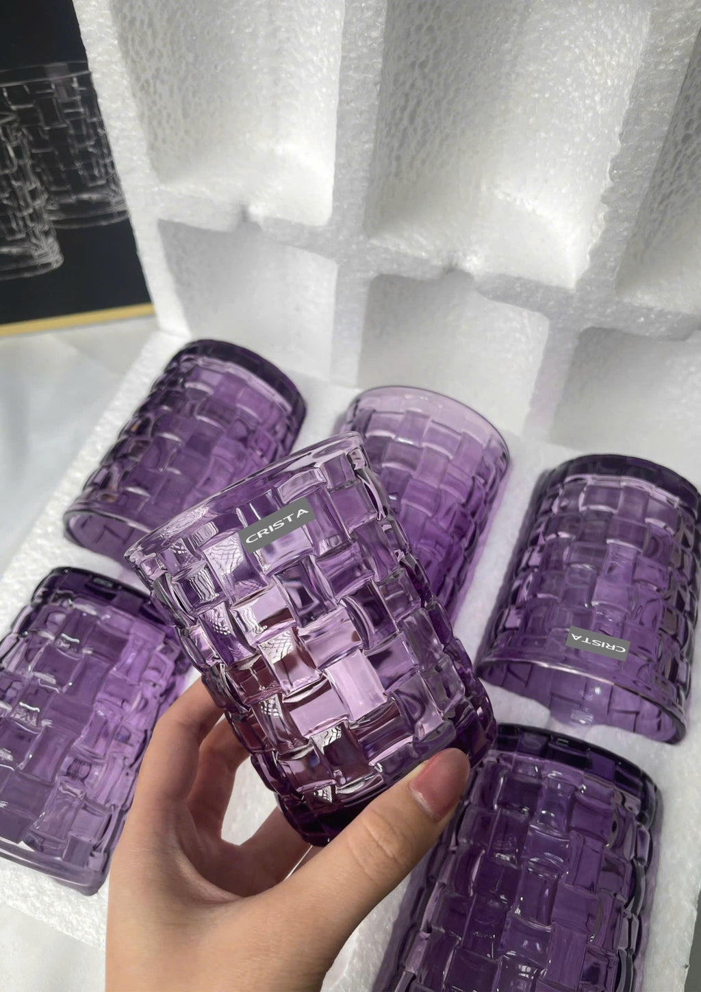 SET OF 6 CHECKERED GLASS TUMBLERS – PURPLE