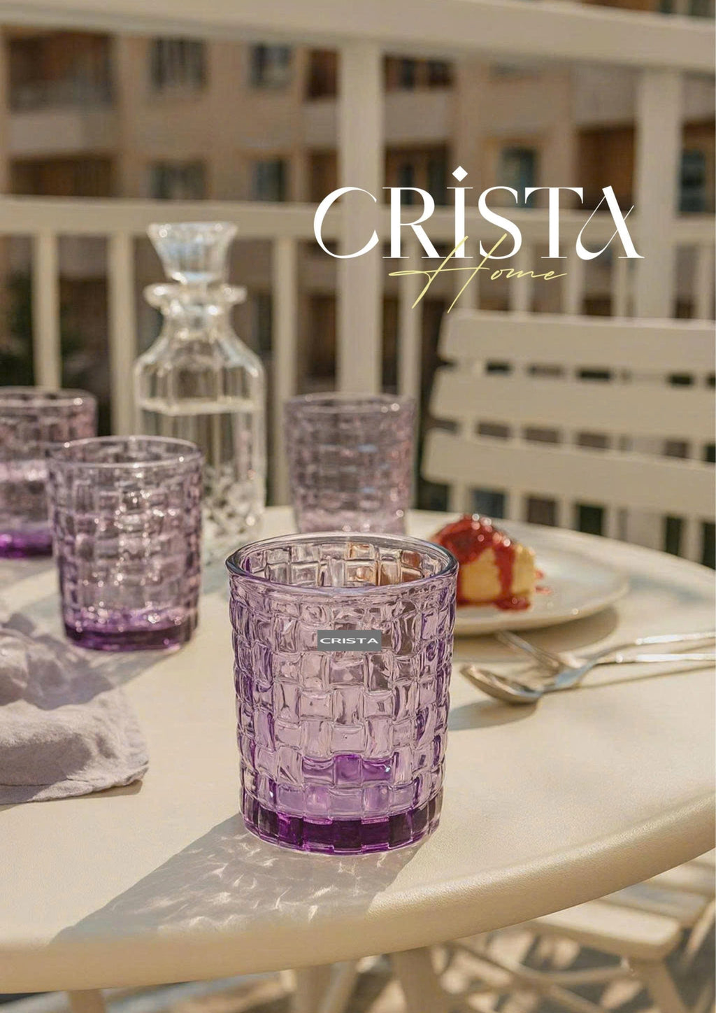 SET OF 6 CHECKERED GLASS TUMBLERS – PURPLE