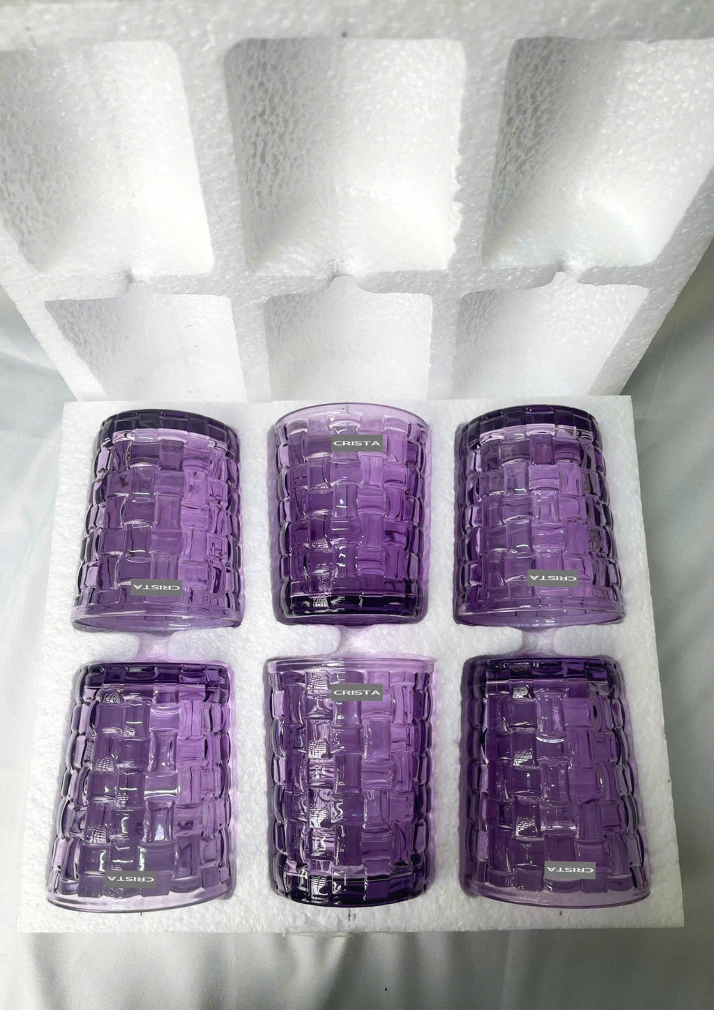 SET OF 6 CHECKERED GLASS TUMBLERS – PURPLE