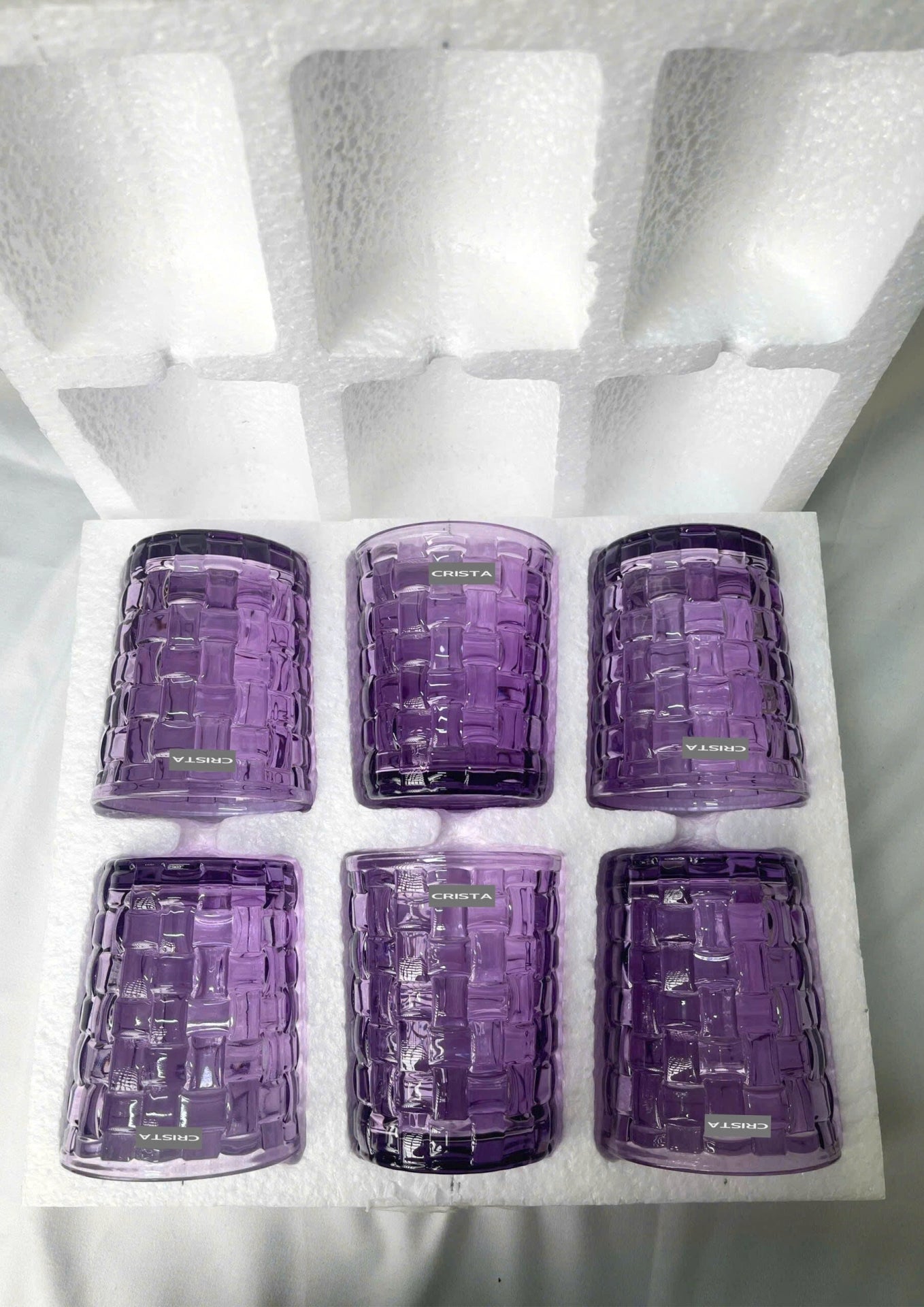 SET OF 6 CHECKERED GLASS TUMBLERS – PURPLE