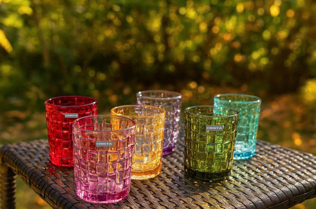 SET OF 6 CHECKERED GLASS TUMBLERS – MULTICOLOR