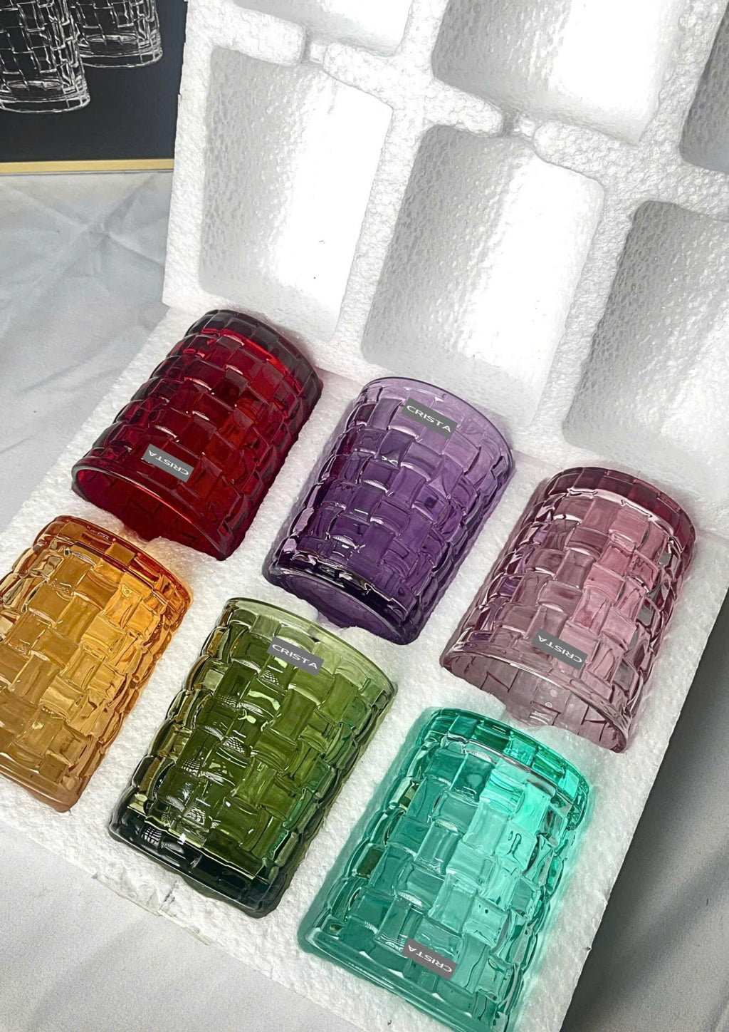 SET OF 6 CHECKERED GLASS TUMBLERS – MULTICOLOR