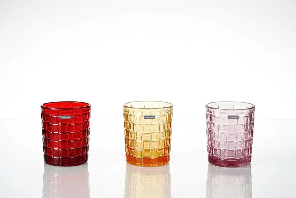 SET OF 6 CHECKERED GLASS TUMBLERS – MULTICOLOR