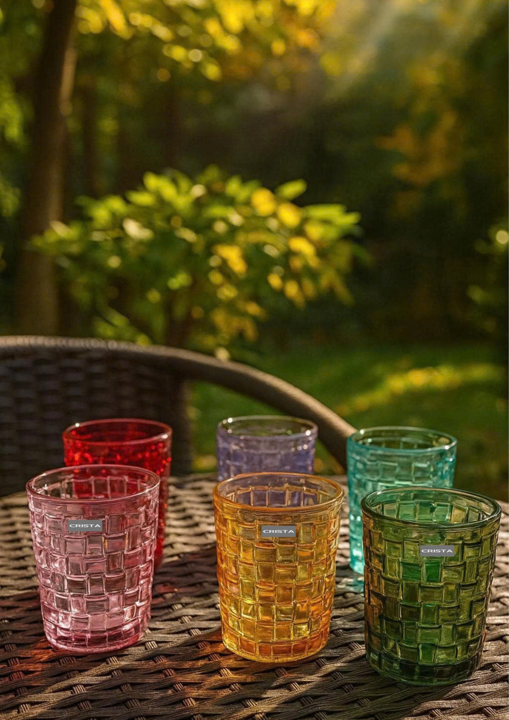 SET OF 6 CHECKERED GLASS TUMBLERS – MULTICOLOR