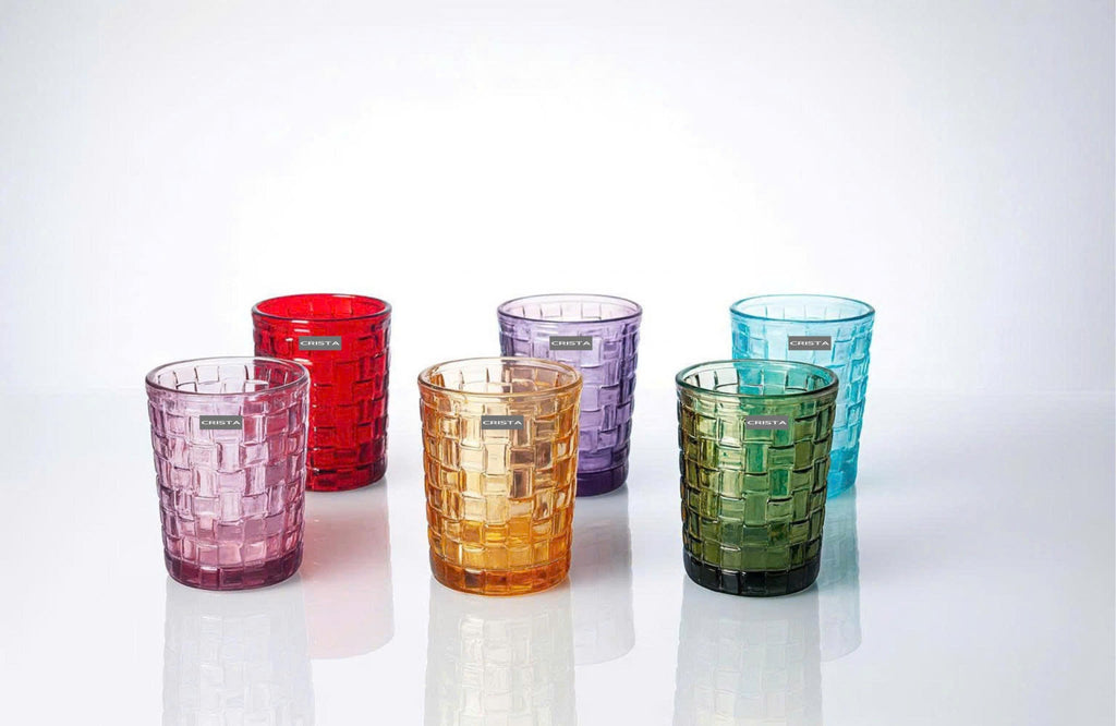 SET OF 6 CHECKERED GLASS TUMBLERS – MULTICOLOR