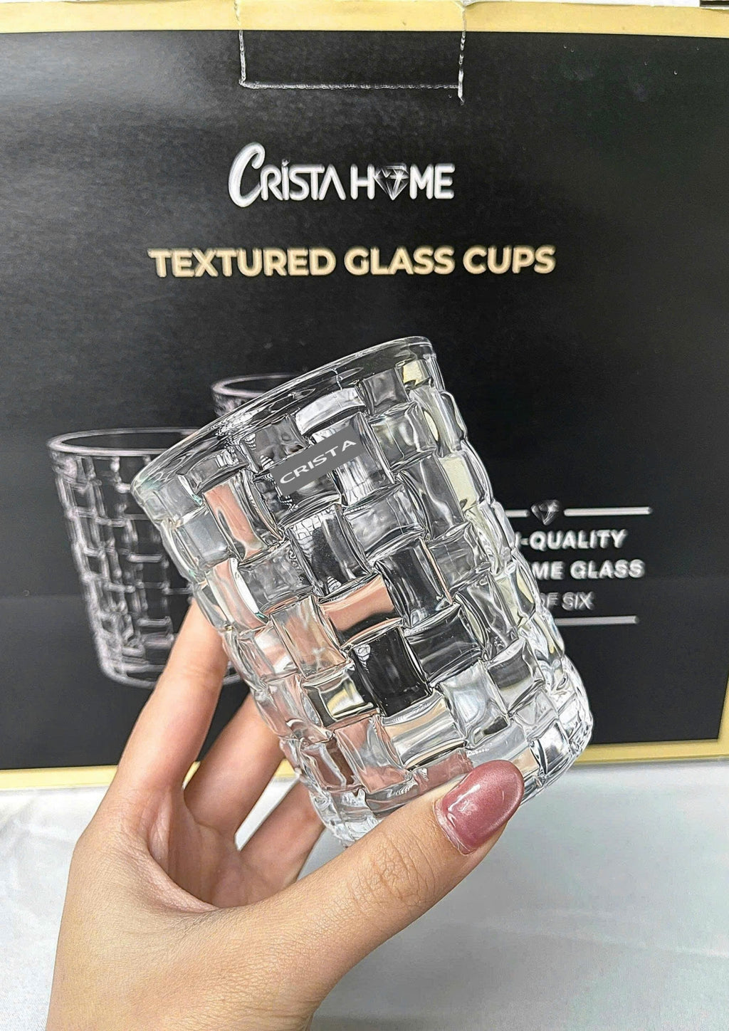 SET OF 6 CHECKERED CLEAR GLASS TUMBLERS