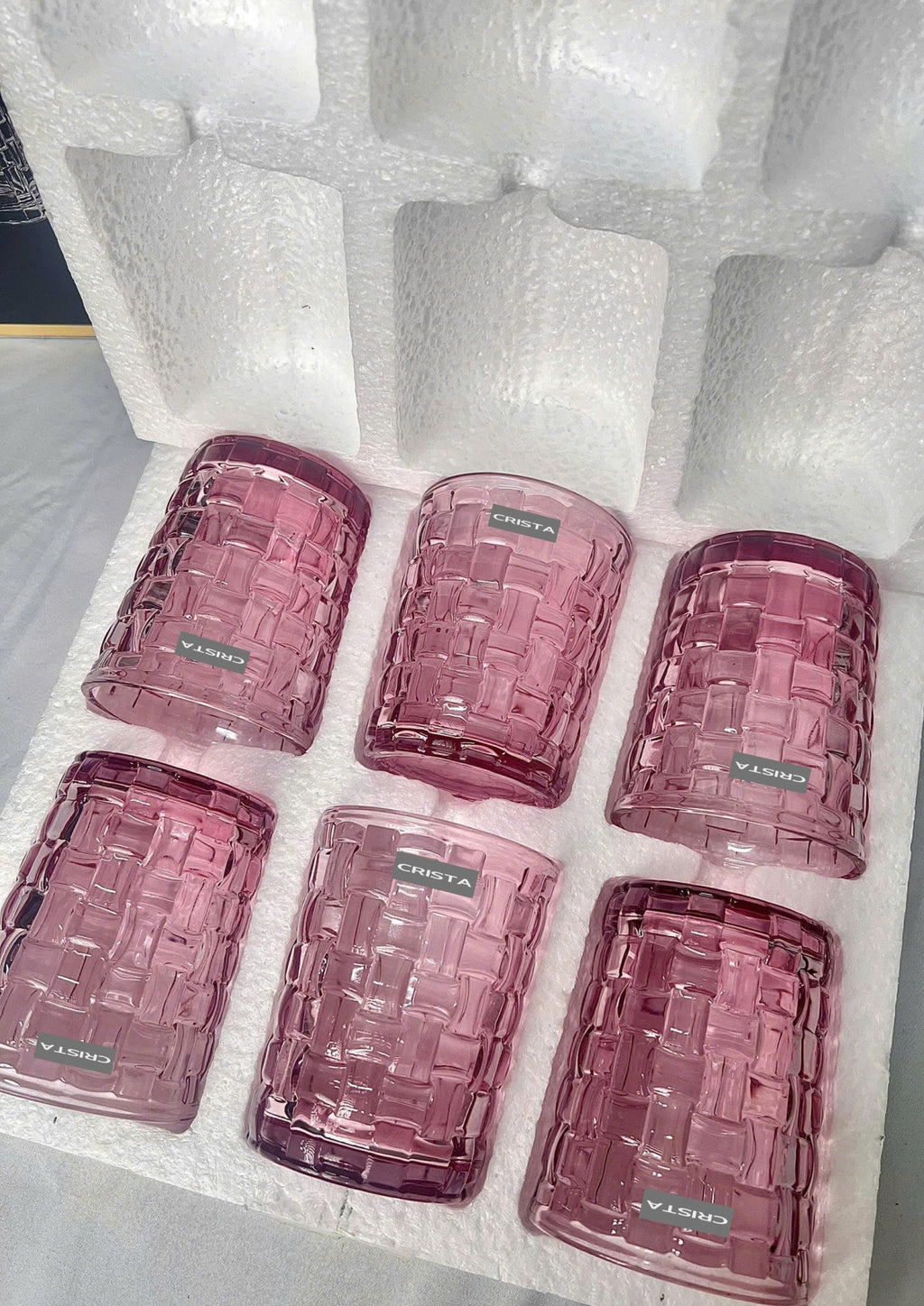 SET OF 6 CHECKERED GLASS TUMBLERS – PINK