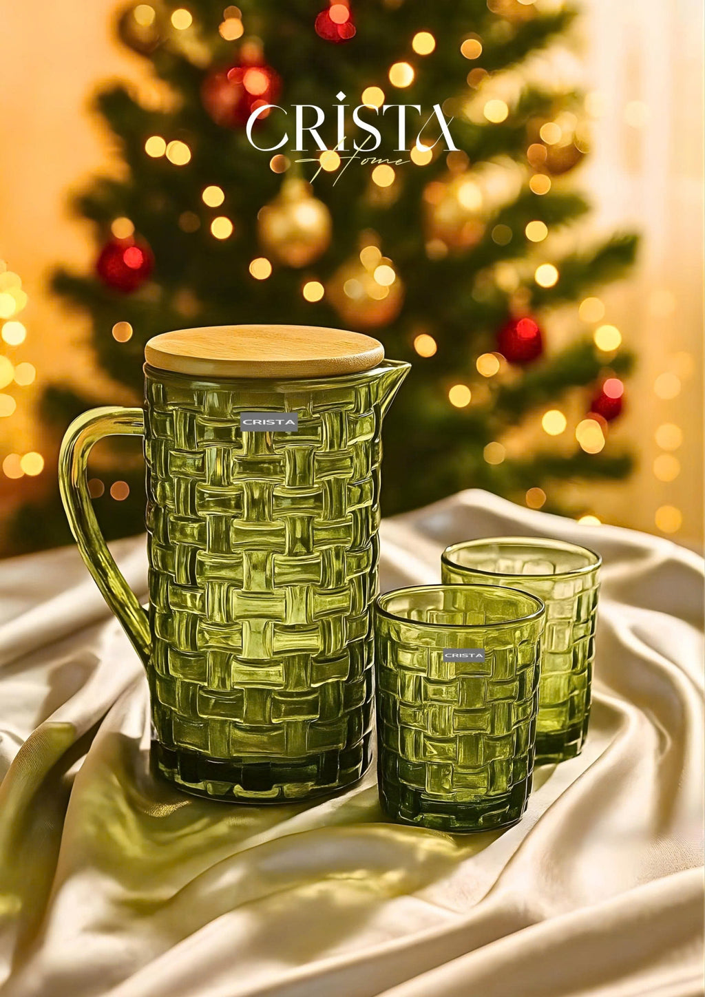 Checkered Glass Water Pitcher with Bamboo Lid – Green