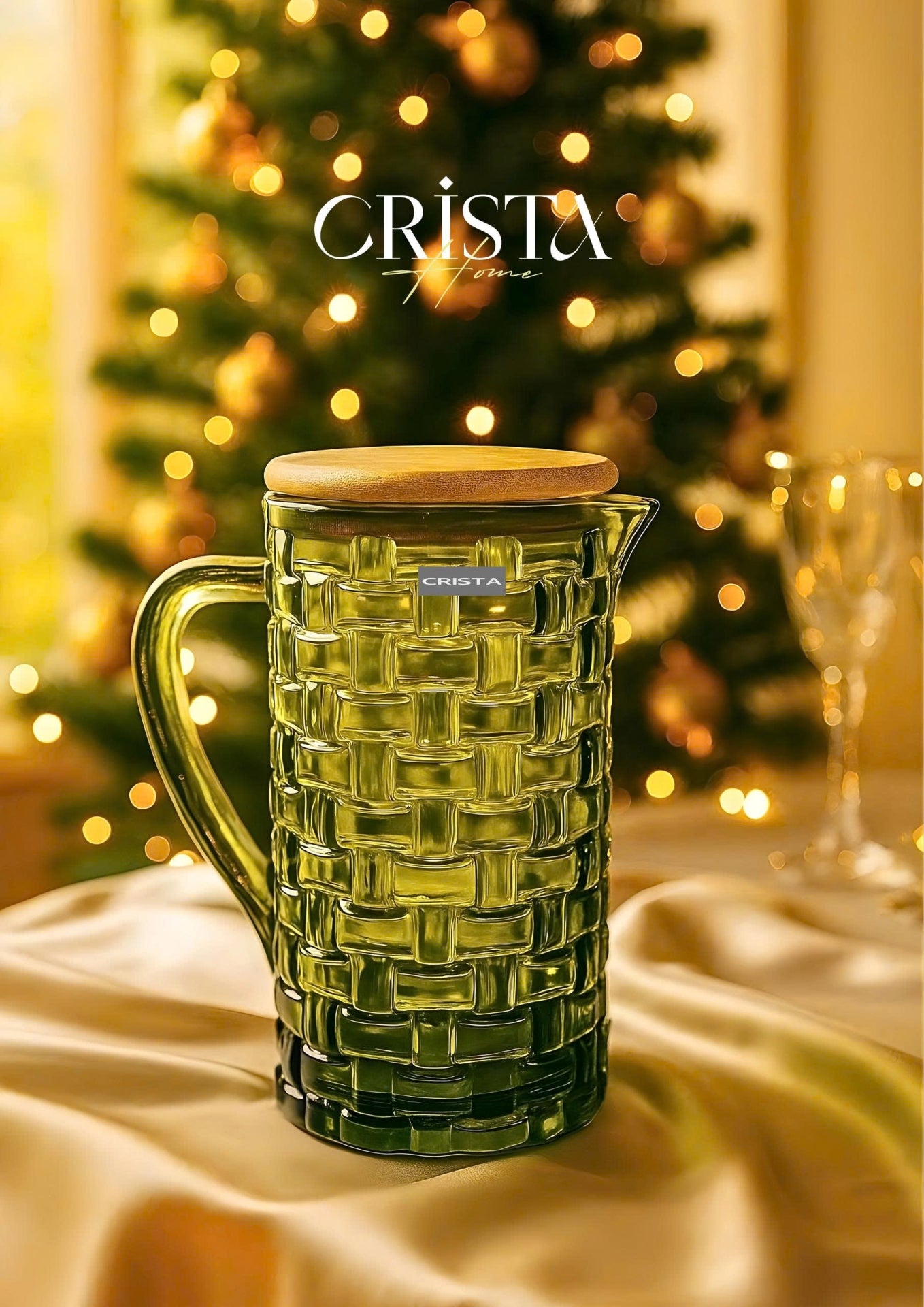 Checkered Glass Water Pitcher with Bamboo Lid – Green