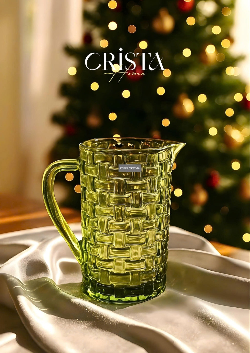 Checkered Glass Water Pitcher with Bamboo Lid – Green