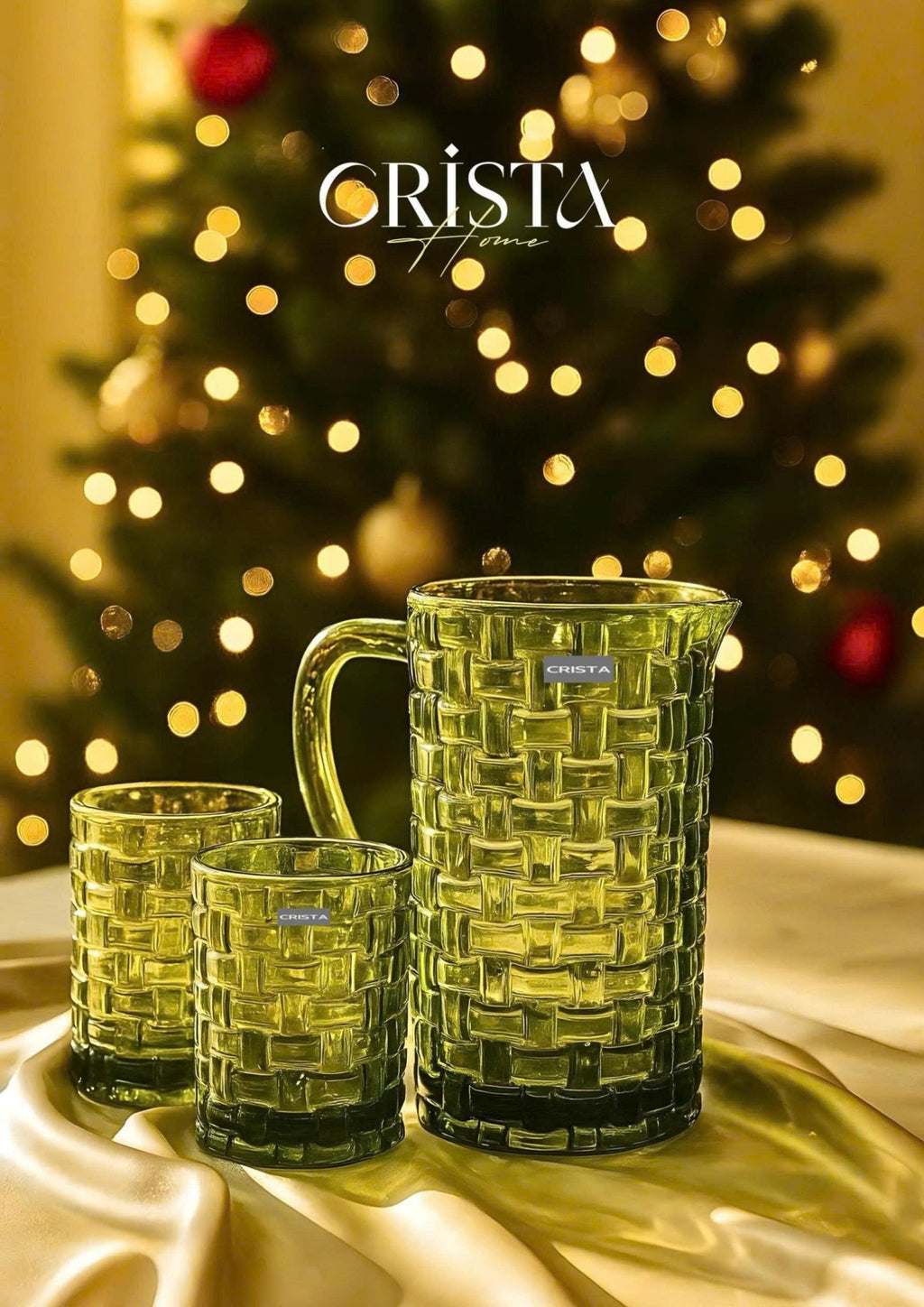 Checkered Glass Water Pitcher with Bamboo Lid – Green