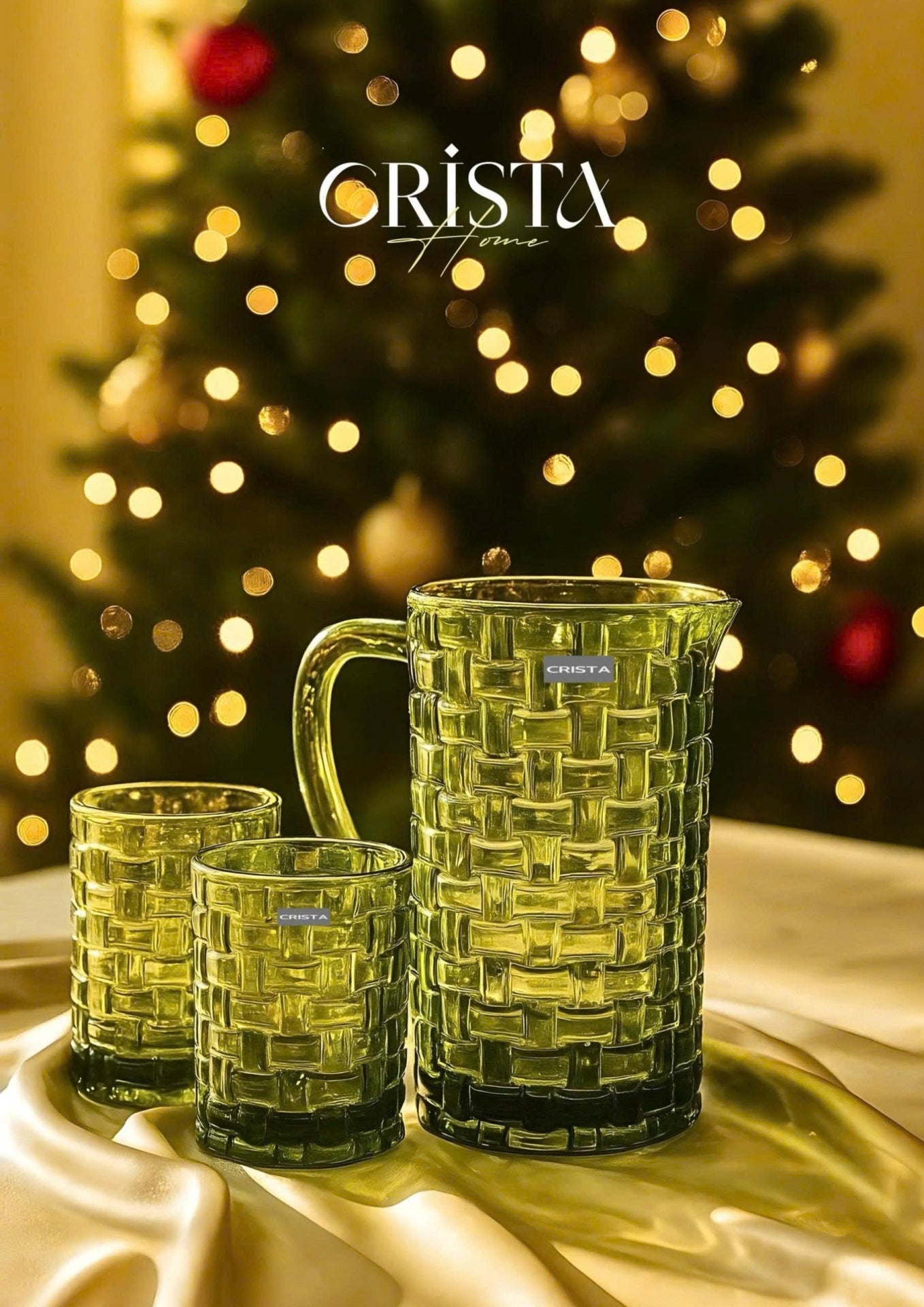 Checkered Glass Water Pitcher with Bamboo Lid – Green