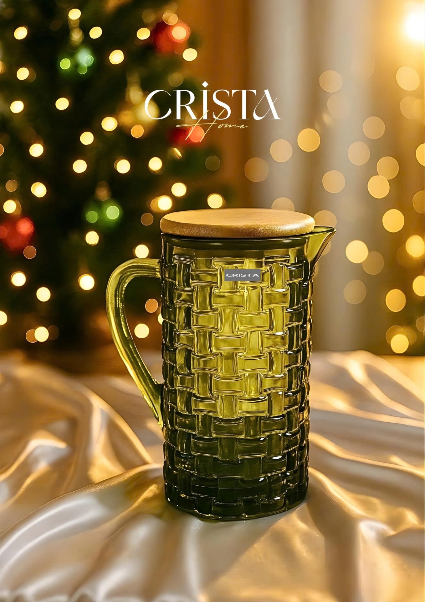 Checkered Glass Water Pitcher with Bamboo Lid – Green