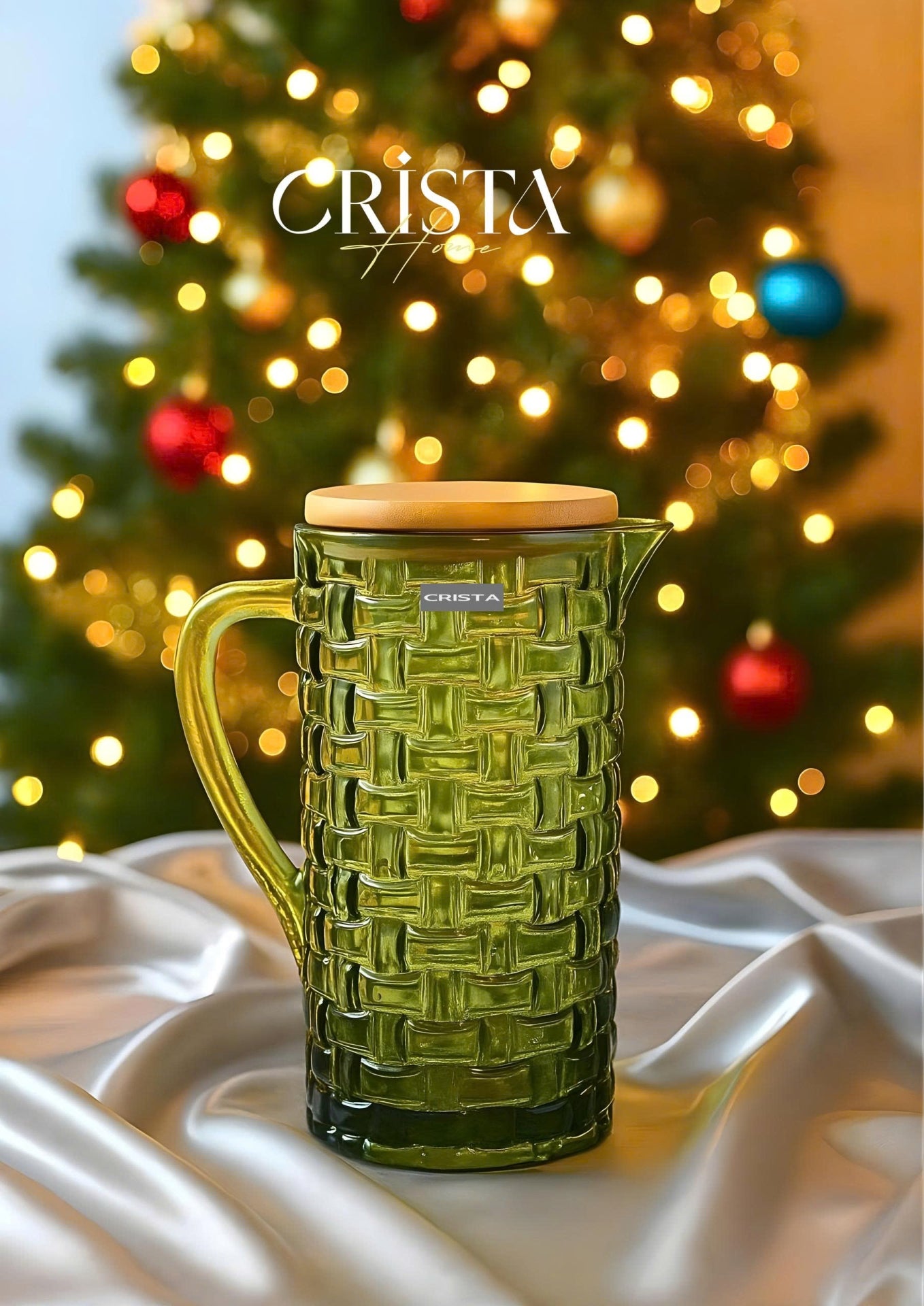 Checkered Glass Water Pitcher with Bamboo Lid – Green