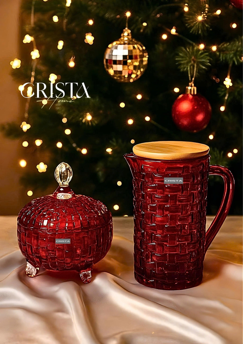 Red Glass Water Bottle with Bamboo Lid – Checkered Pattern