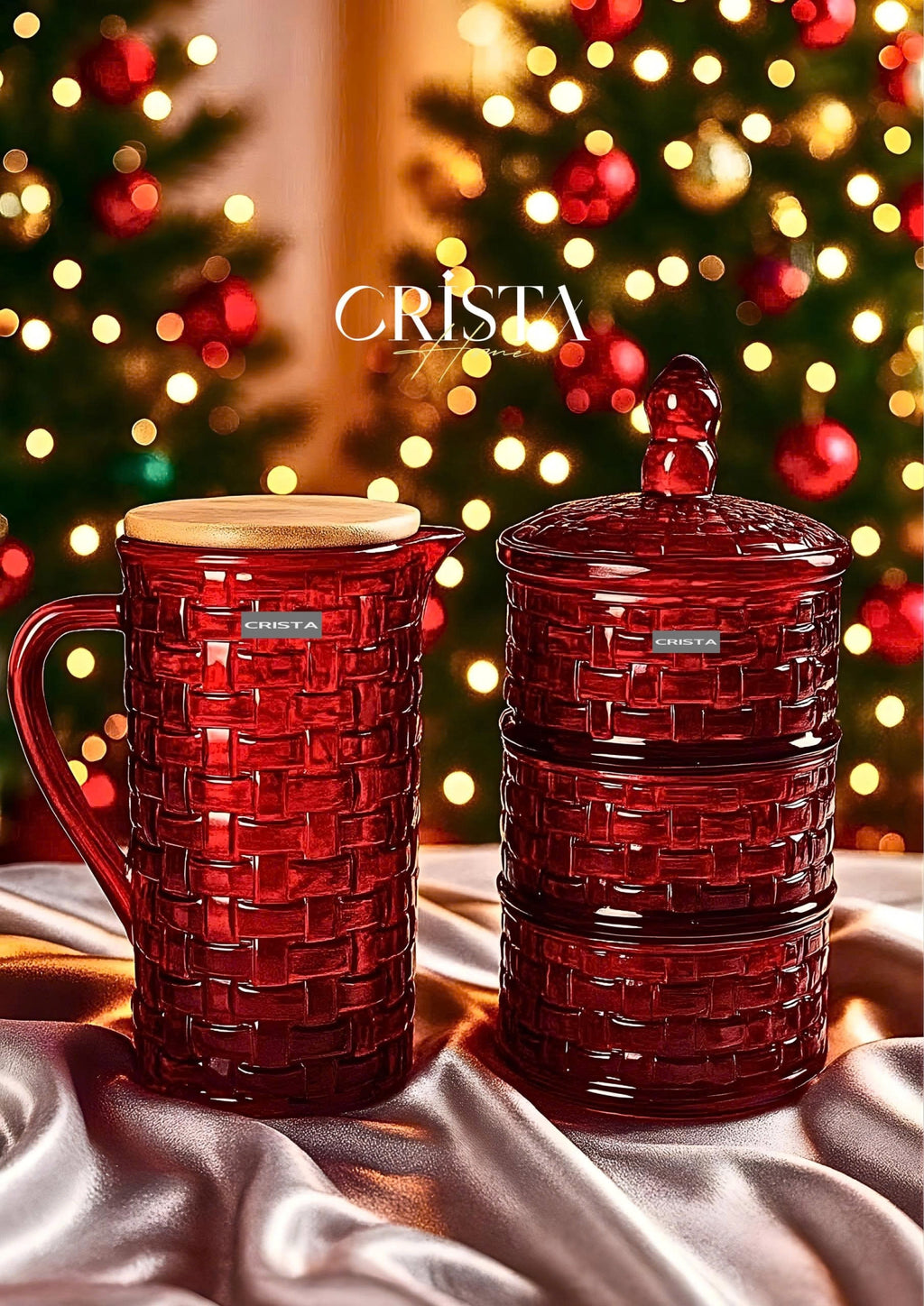 Red Glass Water Bottle with Bamboo Lid – Checkered Pattern