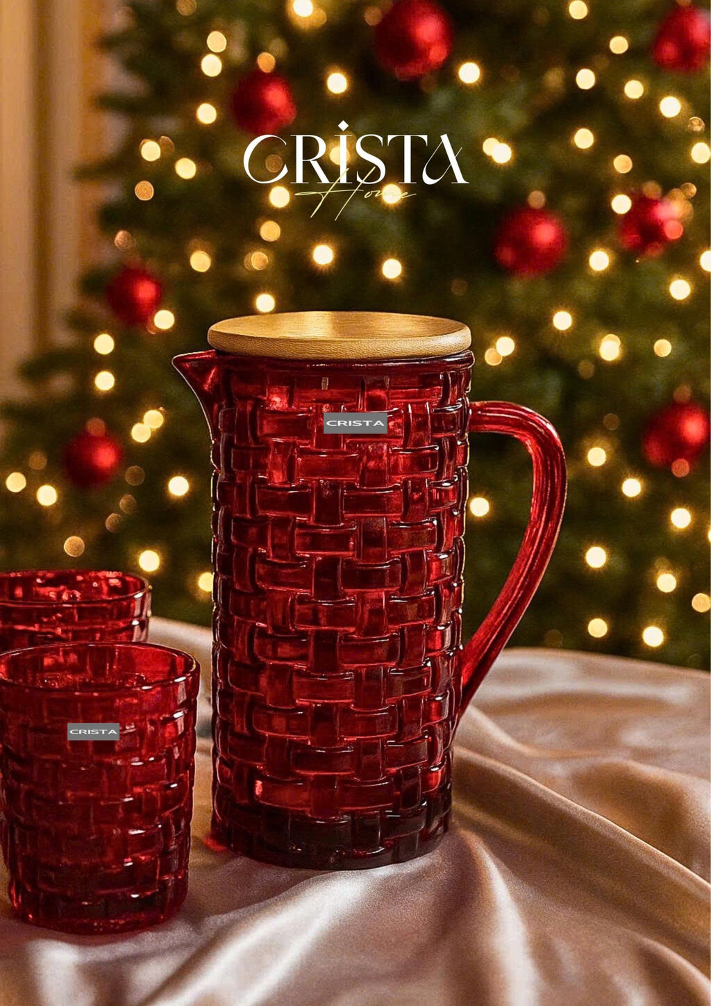 Red Glass Water Bottle with Bamboo Lid – Checkered Pattern