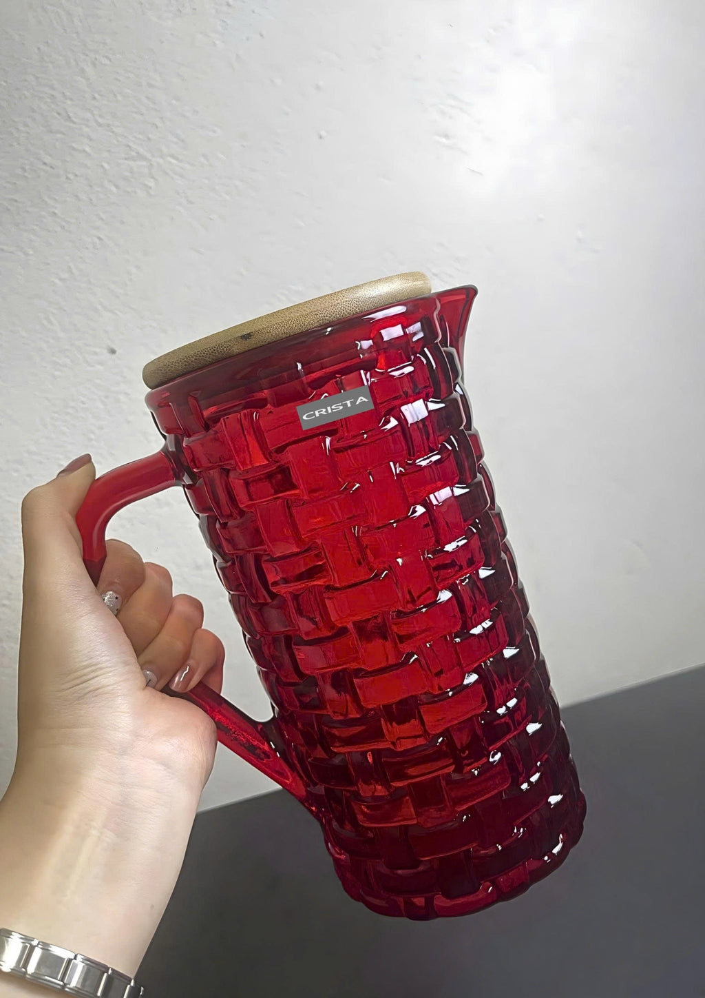 Red Glass Water Bottle with Bamboo Lid – Checkered Pattern