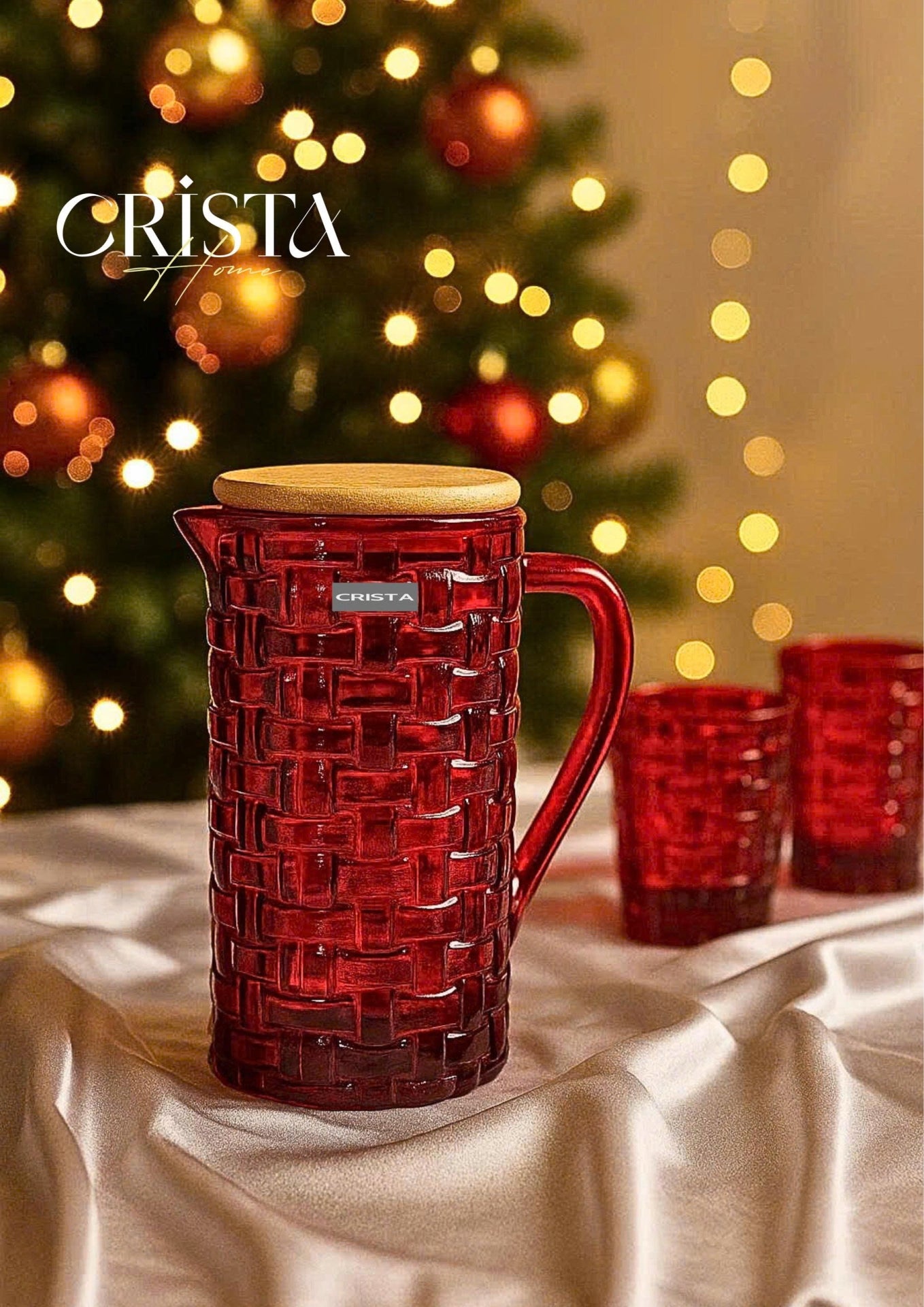 Red Glass Water Bottle with Bamboo Lid – Checkered Pattern