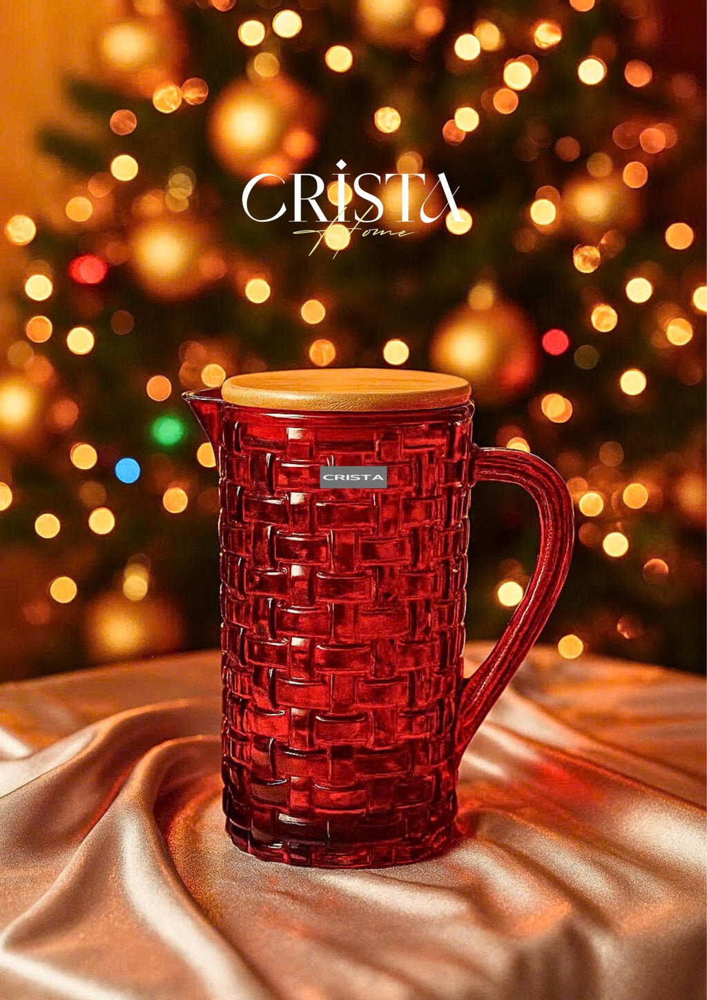 Red Glass Water Bottle with Bamboo Lid – Checkered Pattern