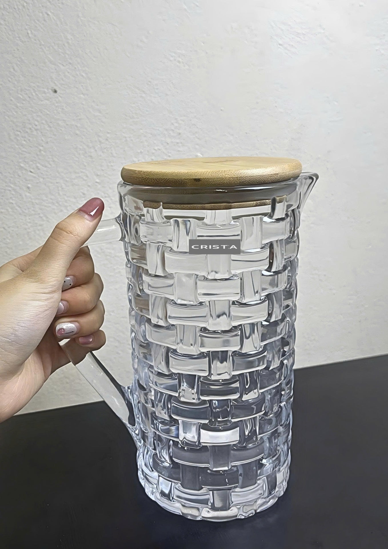 Clear Checkered Glass Water Bottle with Bamboo Lid