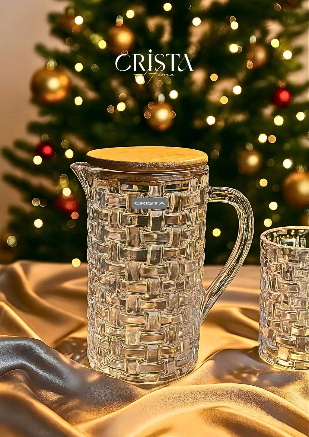 Clear Checkered Glass Water Bottle with Bamboo Lid