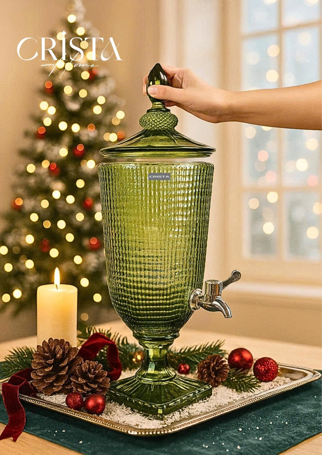 3.3L Mesh-Pattern Glass Beverage Dispenser with Lid – Green
