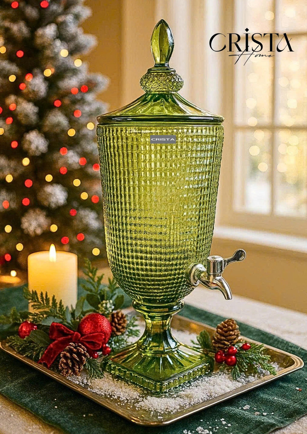 3.3L Mesh-Pattern Glass Beverage Dispenser with Lid – Green