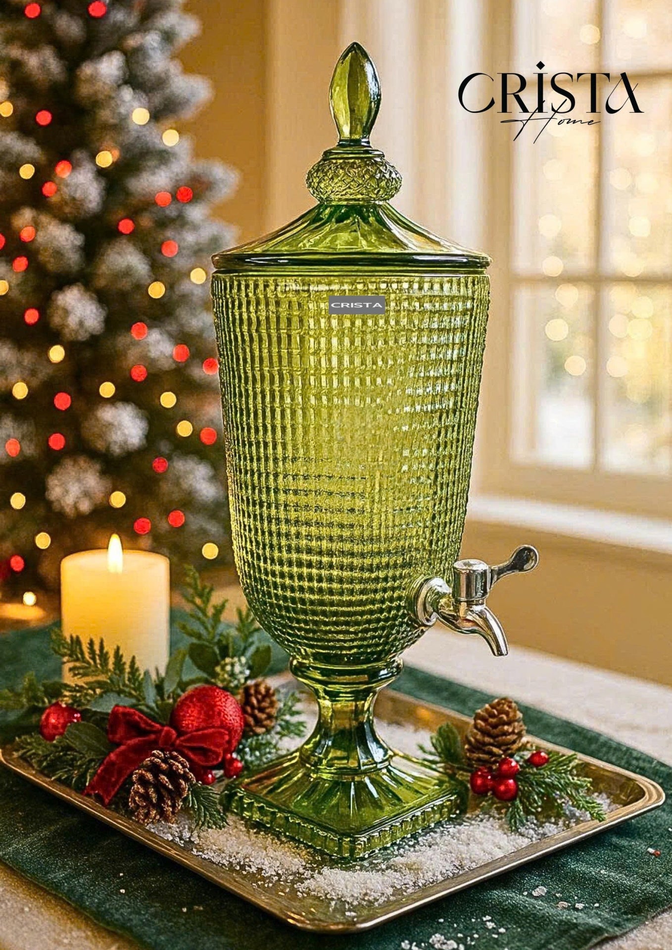 3.3L Mesh-Pattern Glass Beverage Dispenser with Lid – Green