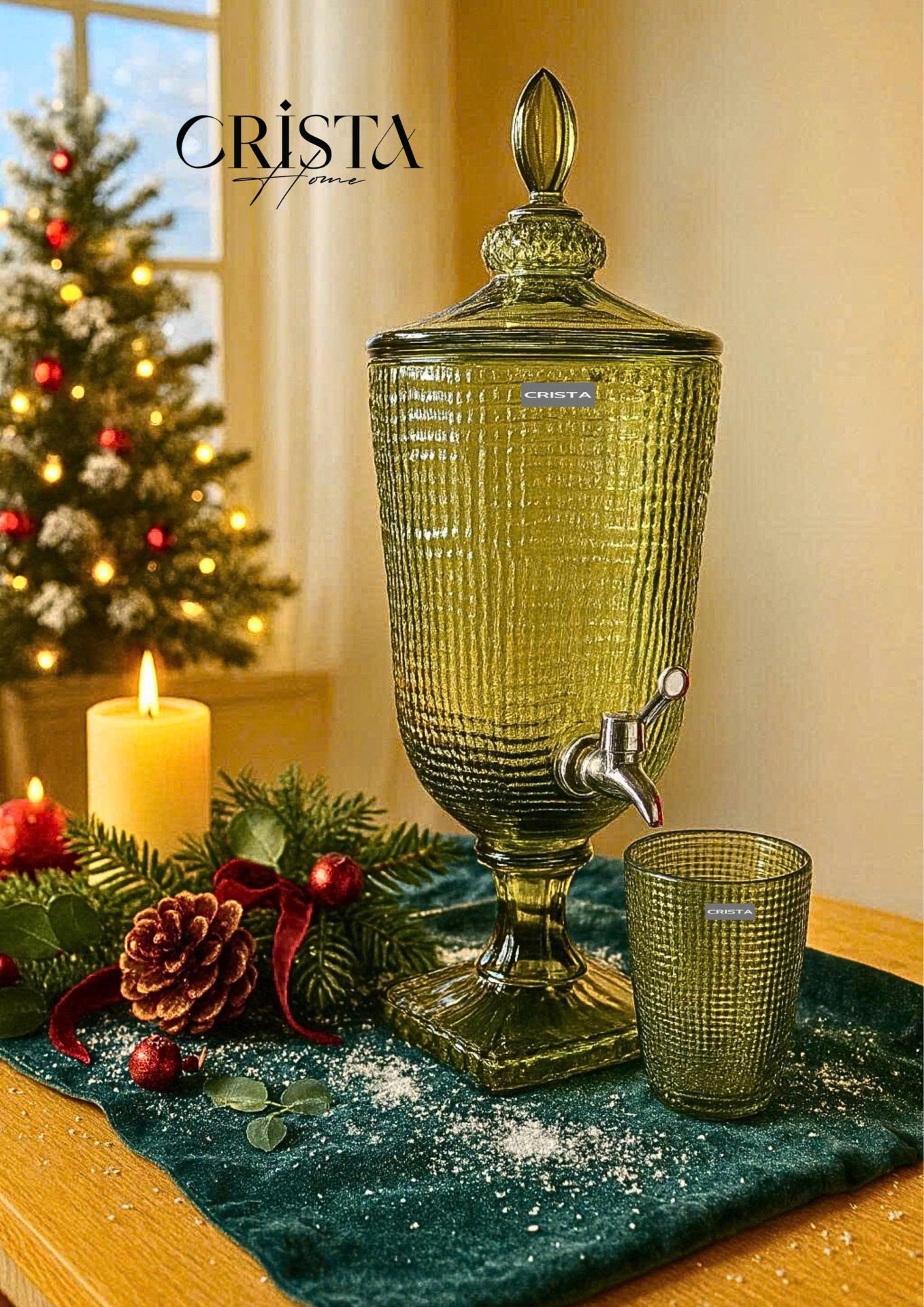 3.3L Mesh-Pattern Glass Beverage Dispenser with Lid – Green