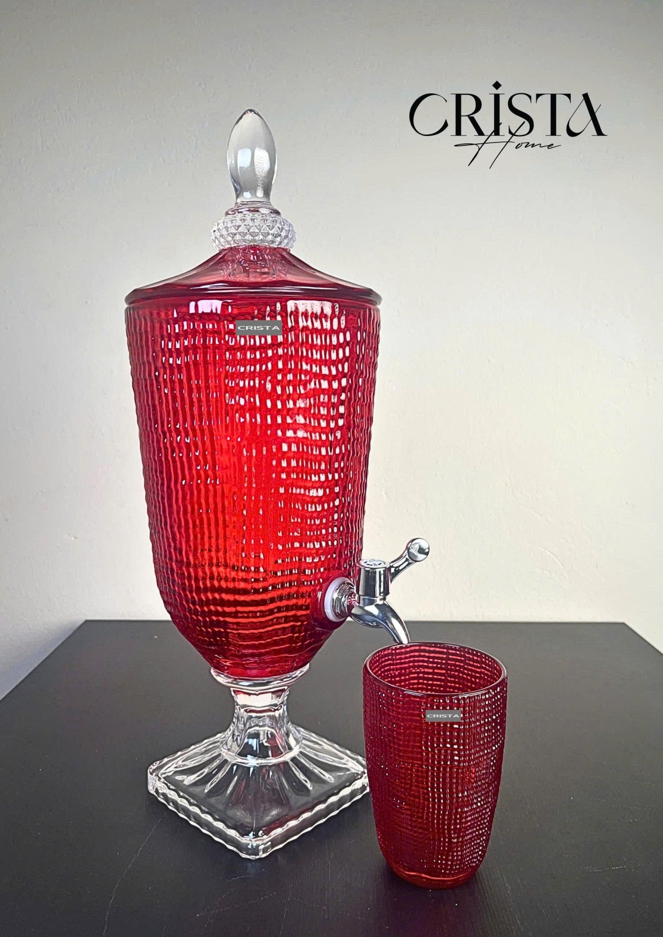 3.3L Textured Glass Beverage Dispenser with Mesh Pattern – Red