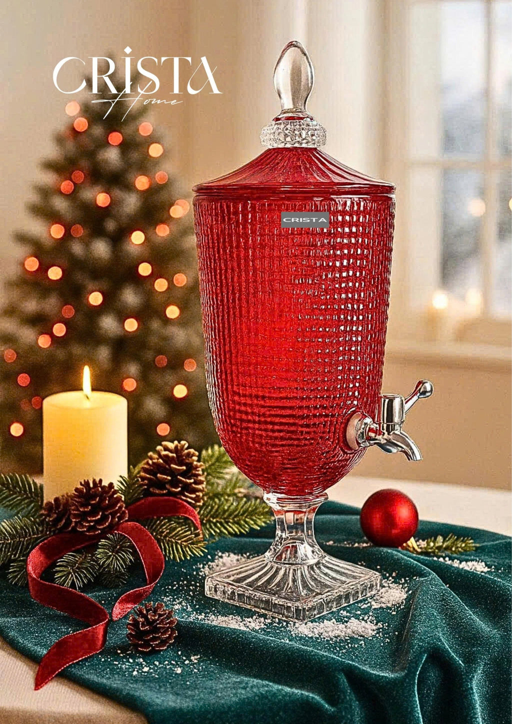 3.3L Textured Glass Beverage Dispenser with Mesh Pattern – Red