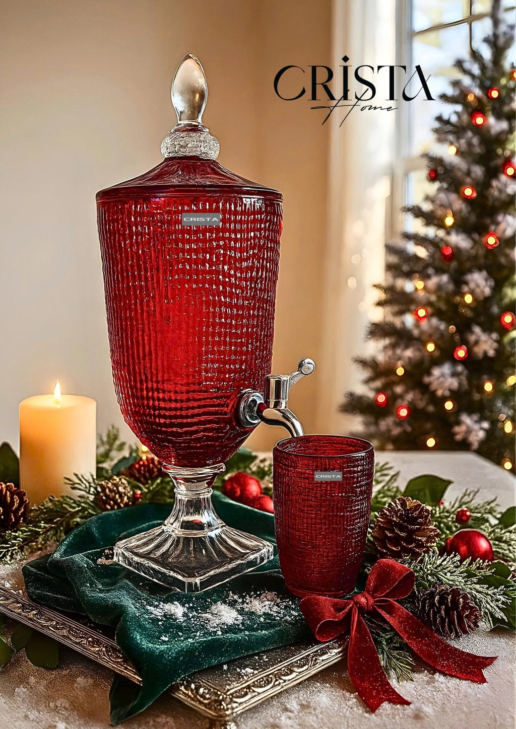 3.3L Textured Glass Beverage Dispenser with Mesh Pattern – Red